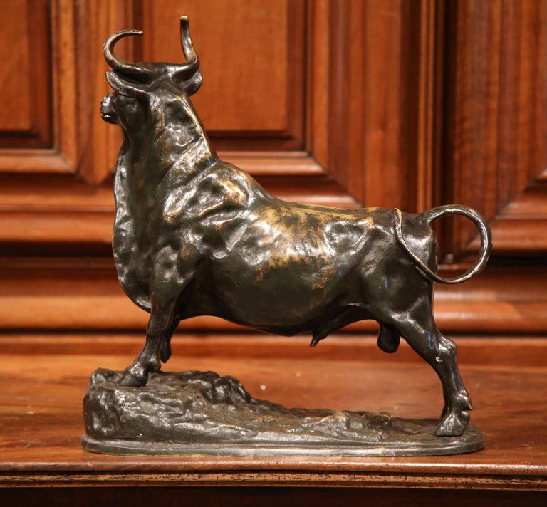 Mid19th Century French Patinated Bronze Bull Sculpture Signed Rosa