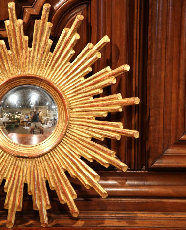 Mid20th Century French Carved Giltwood Sunburst Mirror with Convex