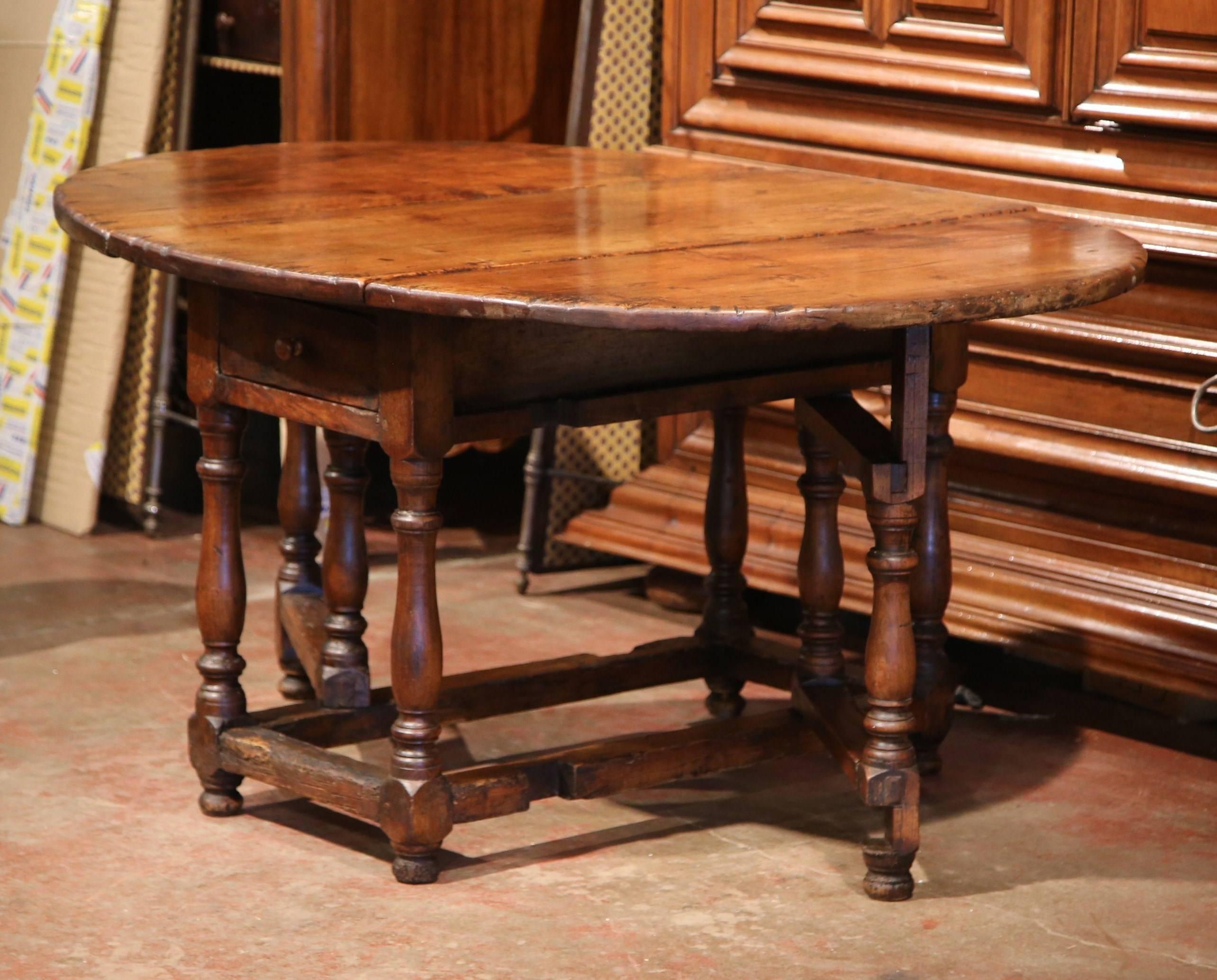 18th Century French Carved Walnut Eight-Leg Oval Drop-Leaf Table with Drawer 1