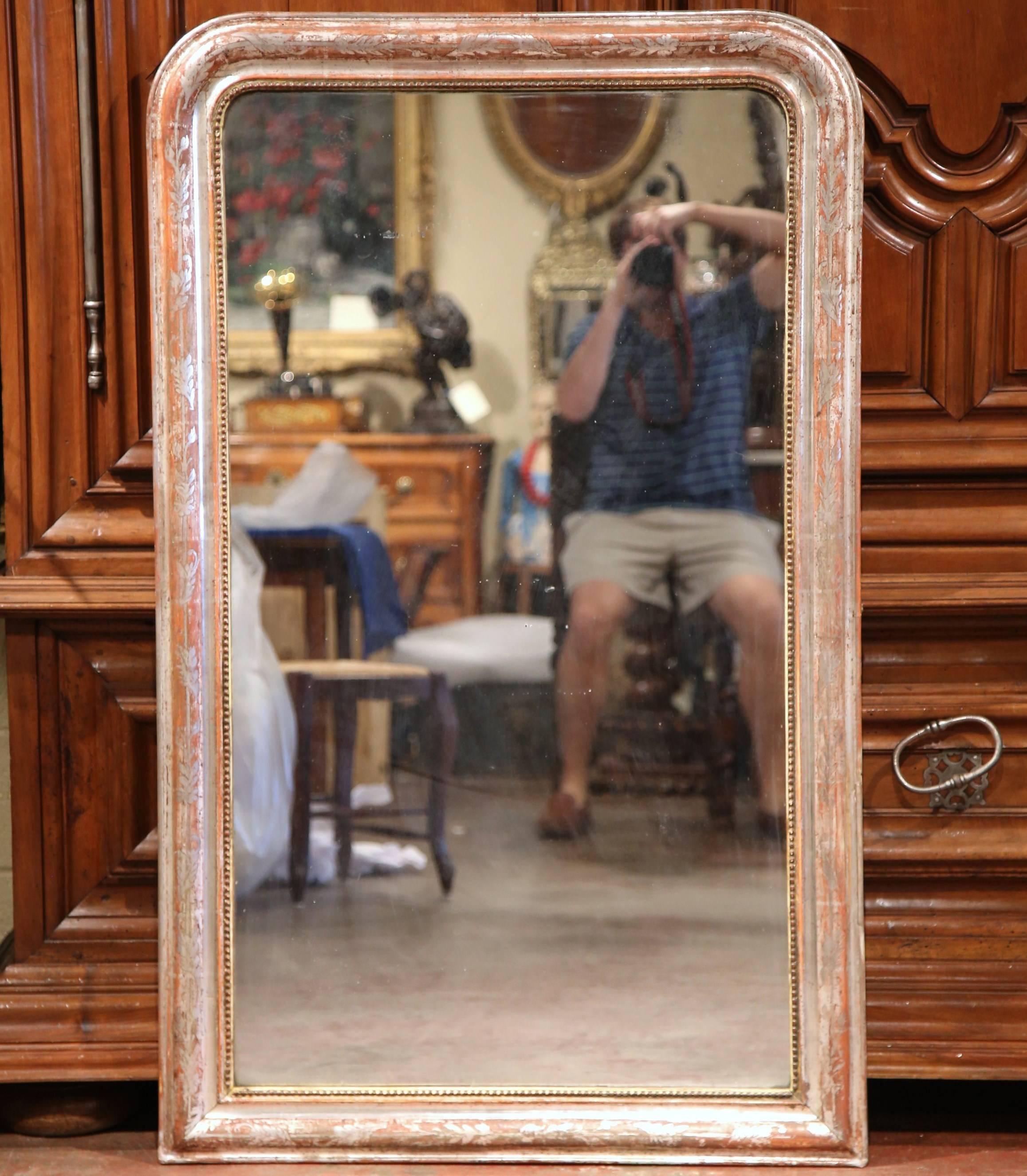 Engraved 19th Century French Louis Philippe Silver Leaf and Red Mirror with Flower Design