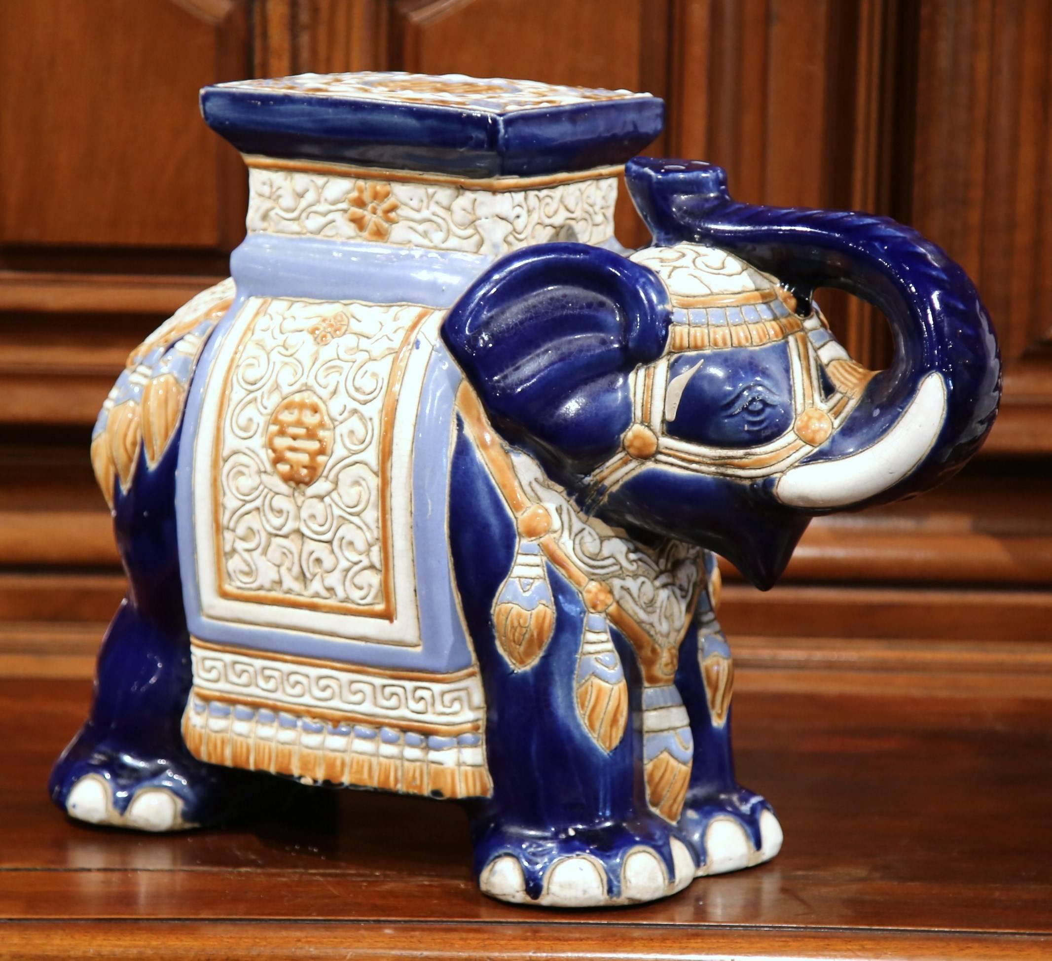 Faience Mid-20th Century French Ceramic Hand-Painted Elephant-Form Garden Seat
