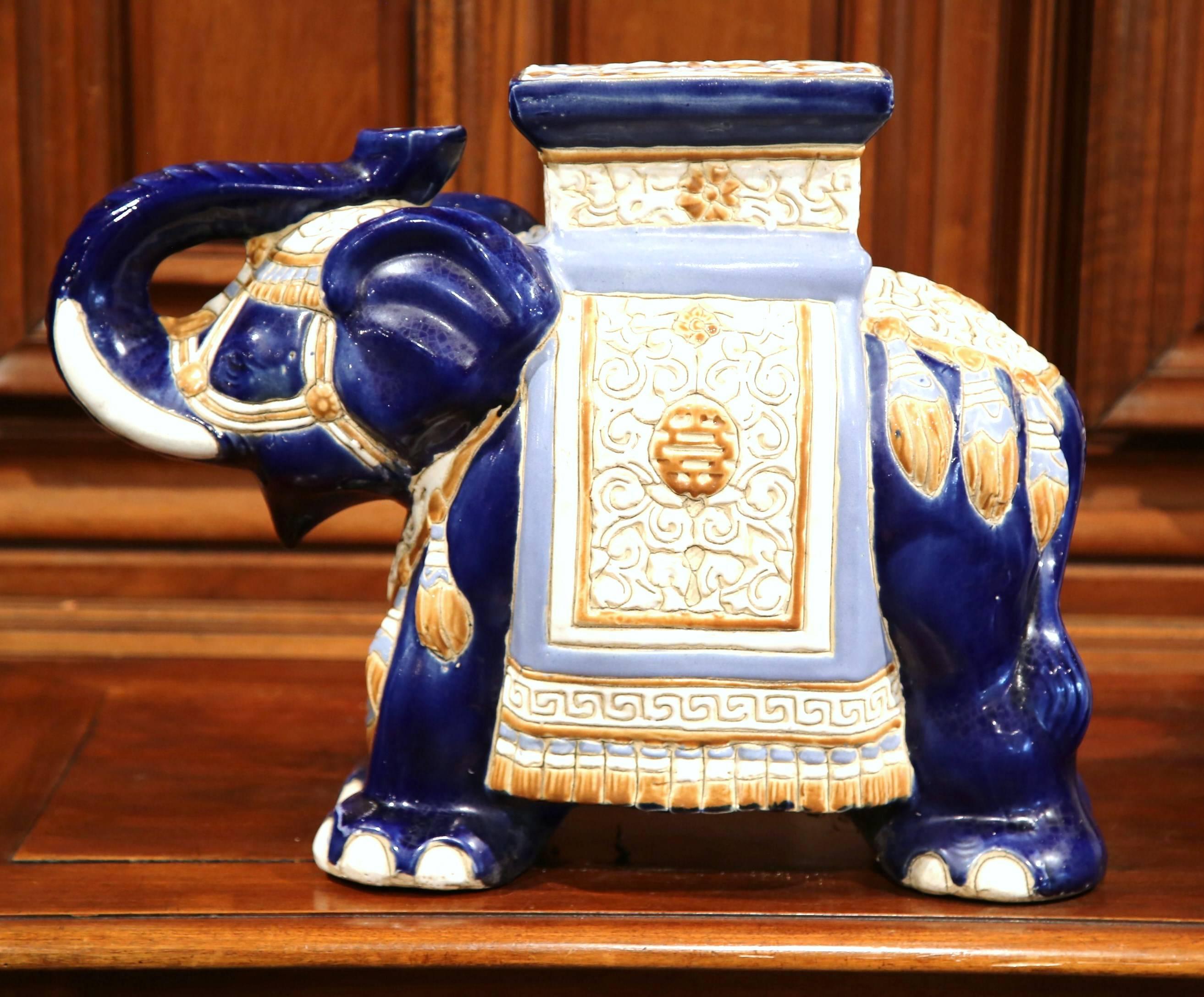 Mid-20th Century French Ceramic Hand-Painted Elephant-Form Garden Seat In Excellent Condition In Dallas, TX