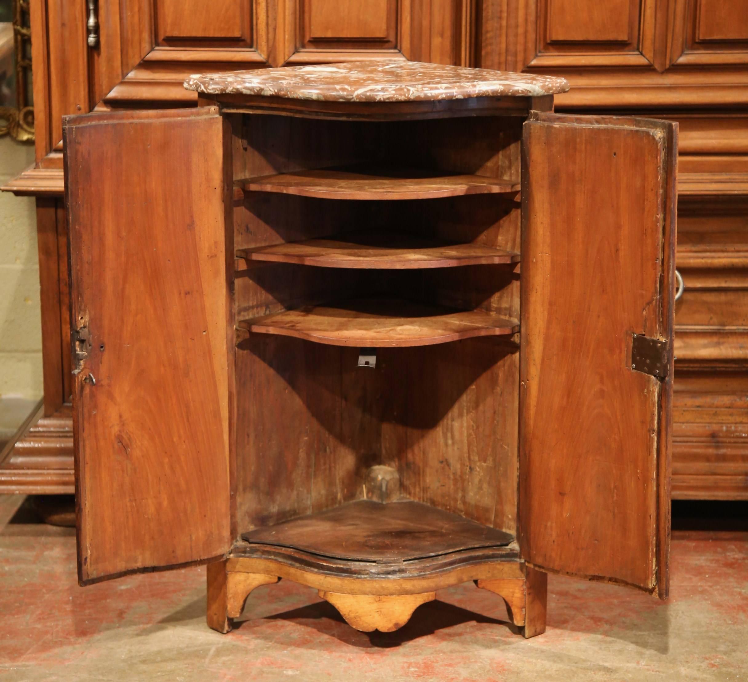 Hand-Carved 18th Century French Louis XV Walnut Corner Cabinet with Bow Front and Marble Top