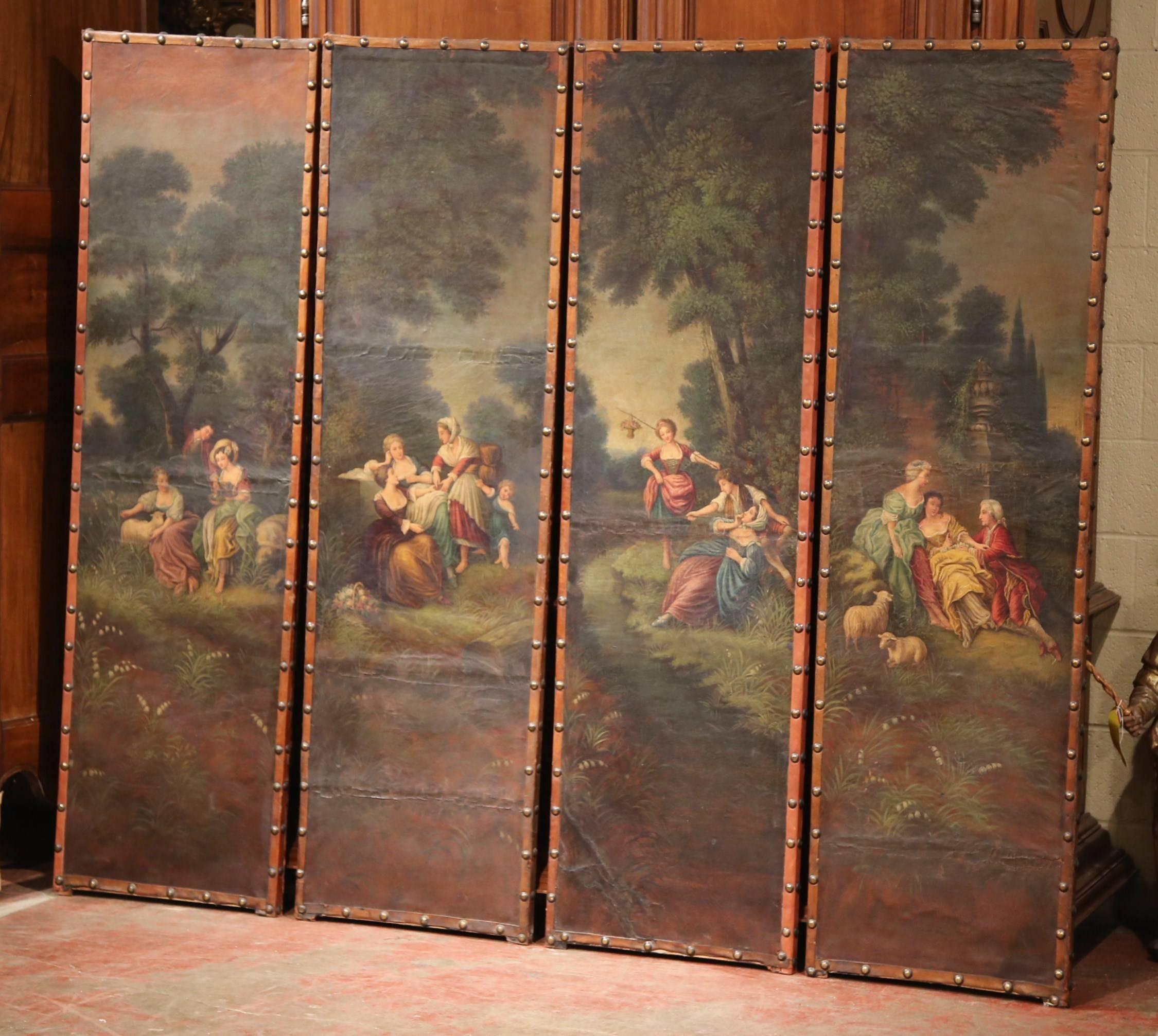 Decorate your living room wall with this delicate, colorful antique leather screen, created in Lyon, France, circa 1760, each of the hand painted panels features pastoral or romantic scenes with people figures in traditional clothing in the manner