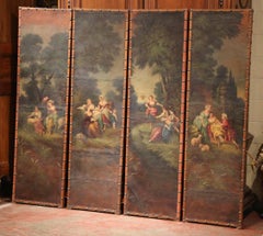 18th Century, French Louis XV Hand Painted Four-Panel Leather Wall Screen