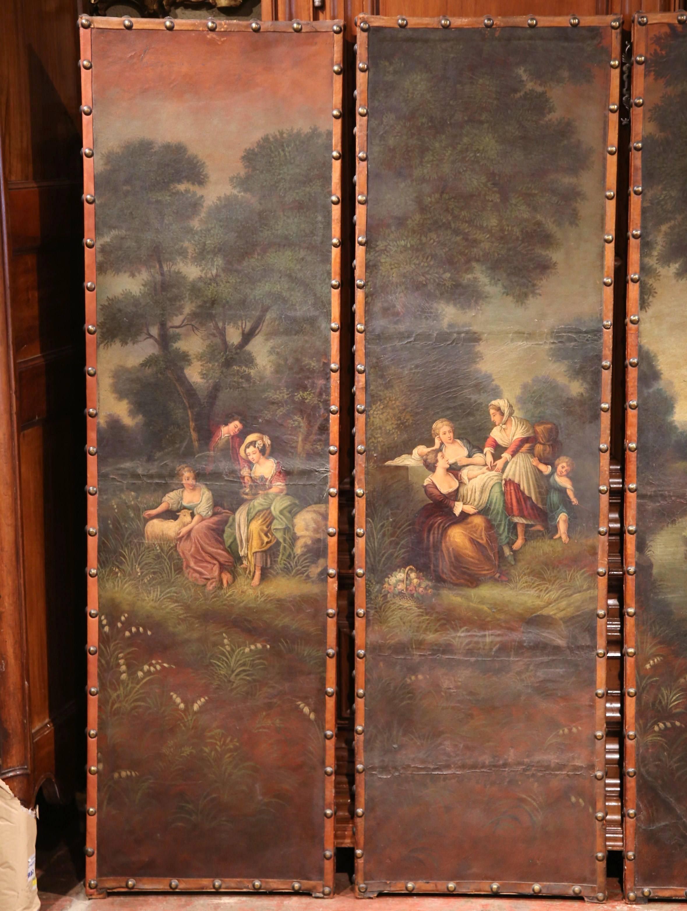 Hand-Crafted 18th Century, French Louis XV Hand Painted Four-Panel Leather Wall Screen