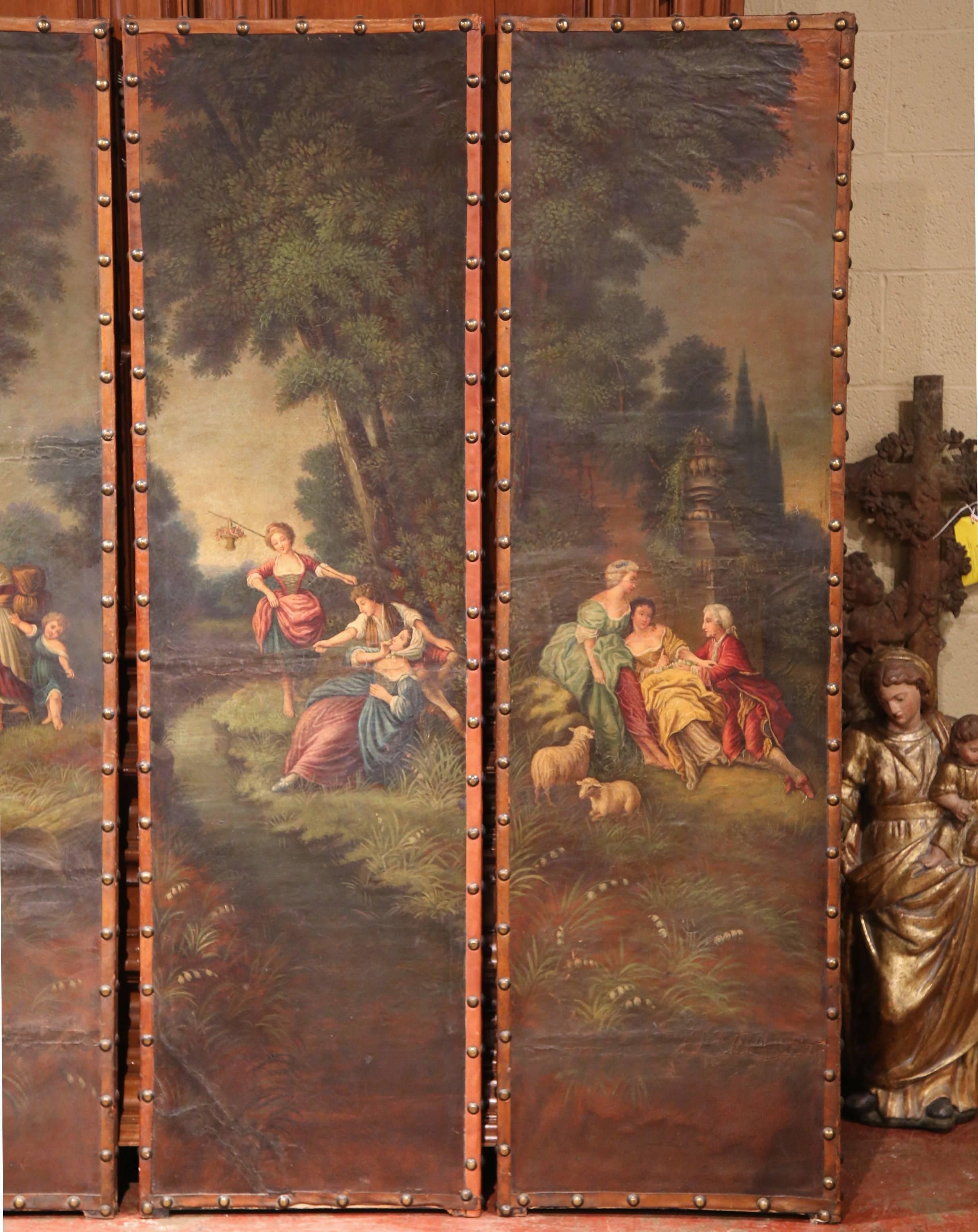18th Century, French Louis XV Hand Painted Four-Panel Leather Wall Screen In Good Condition In Dallas, TX