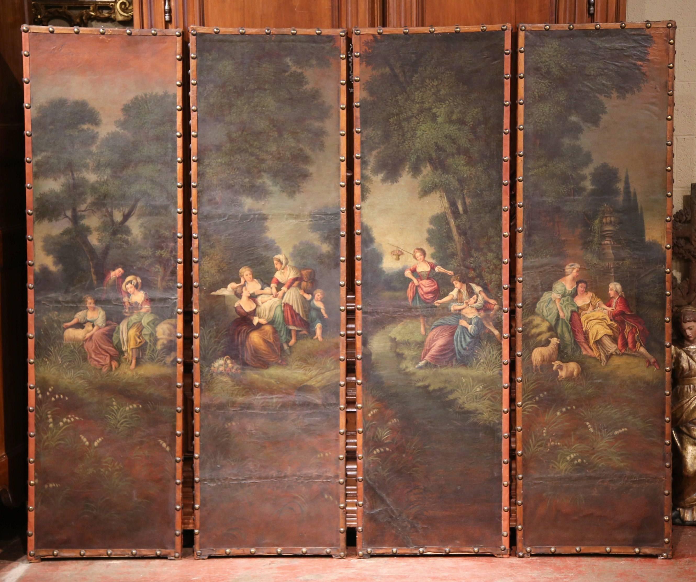 18th Century, French Louis XV Hand Painted Four-Panel Leather Wall Screen 1