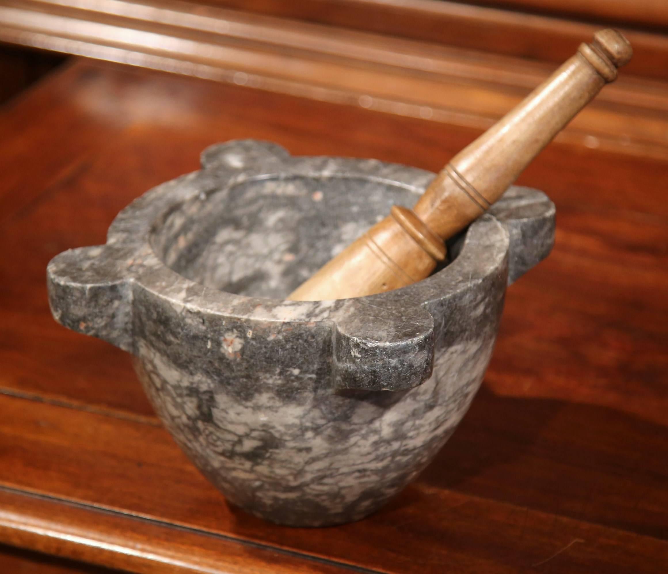 Hand-Carved 19th Century French Carved Grey Marble Mortar with Original Wooden Pestle