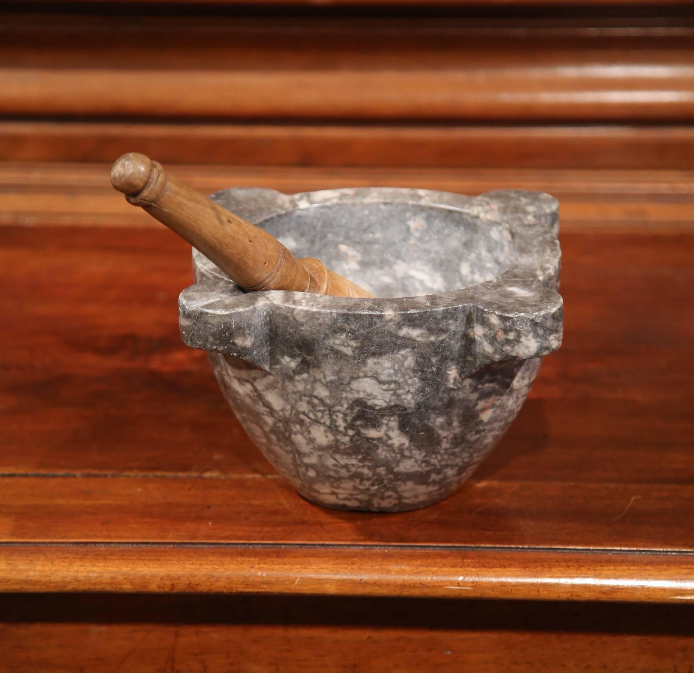 19th Century French Carved Grey Marble Mortar with Original Wooden Pestle 1