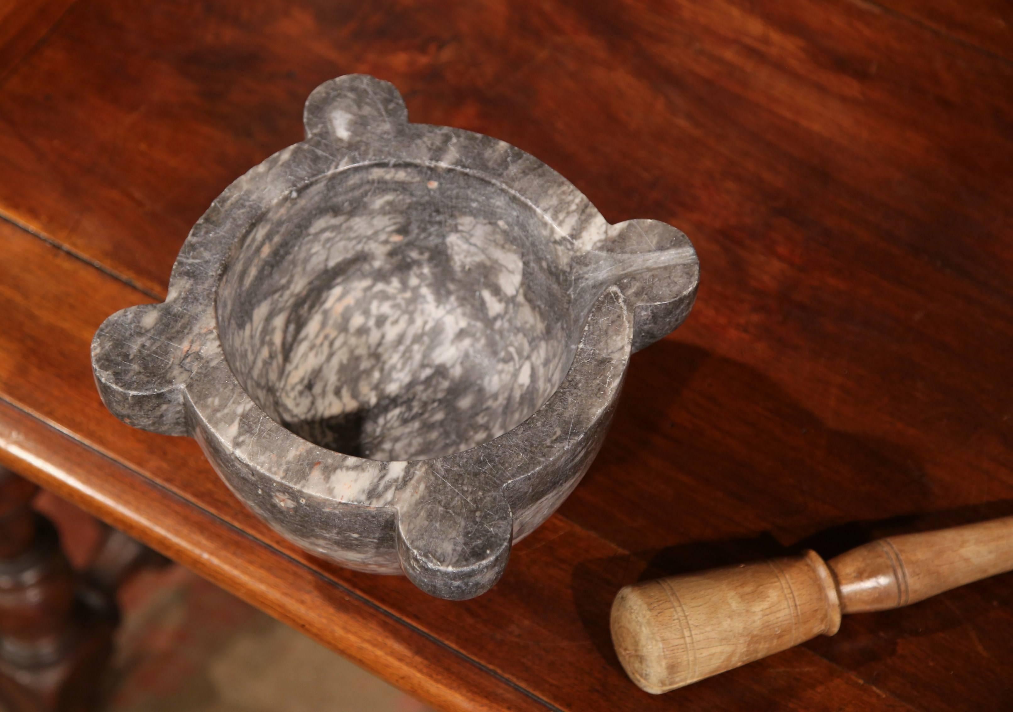 19th Century French Carved Grey Marble Mortar with Original Wooden Pestle In Excellent Condition In Dallas, TX