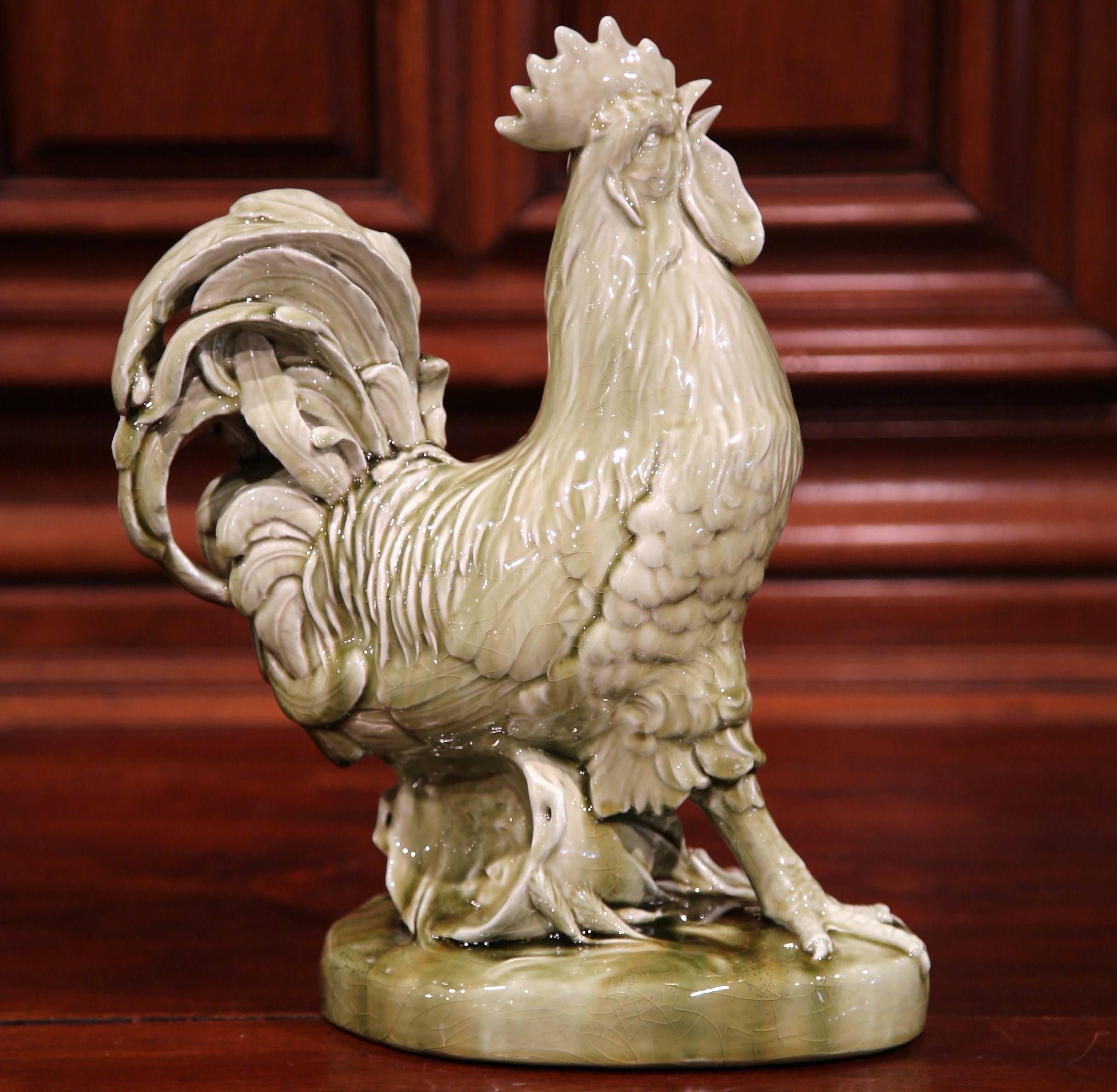 Hand-Crafted 19th Century French Painted Ceramic Barbotine Rooster Signed Clement Massier