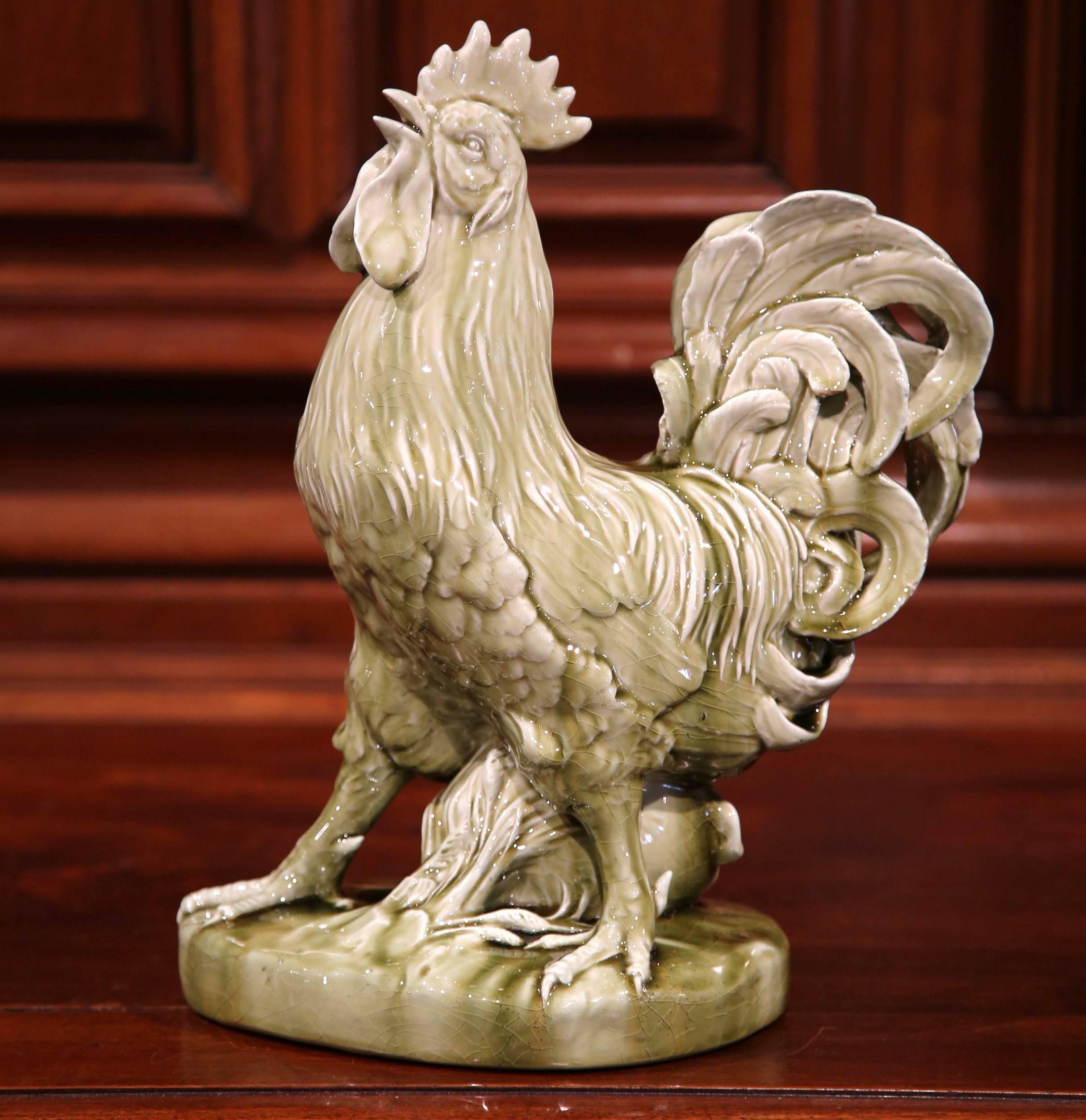 19th Century French Painted Ceramic Barbotine Rooster Signed Clement Massier In Excellent Condition In Dallas, TX