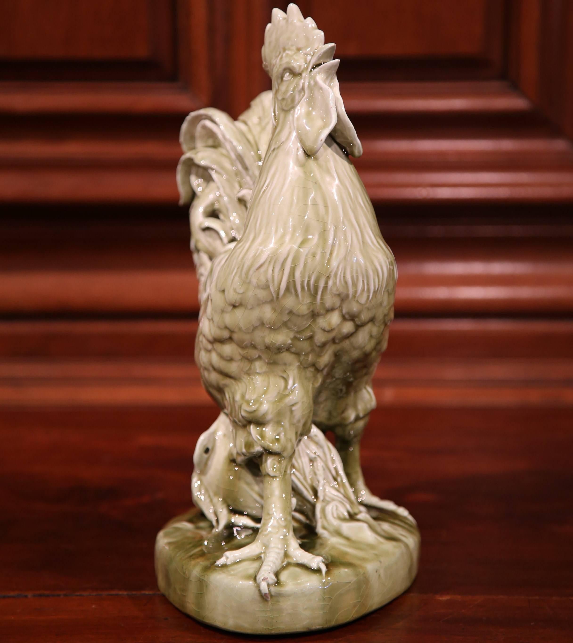 19th Century French Painted Ceramic Barbotine Rooster Signed Clement Massier 1