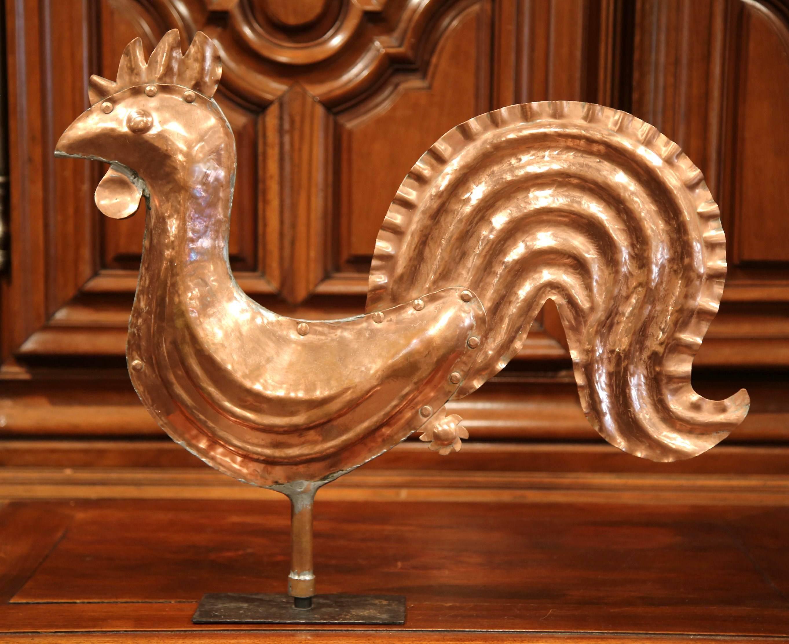 18th Century, French Polished Copper Rooster Weather Vane on Iron Stand In Excellent Condition In Dallas, TX