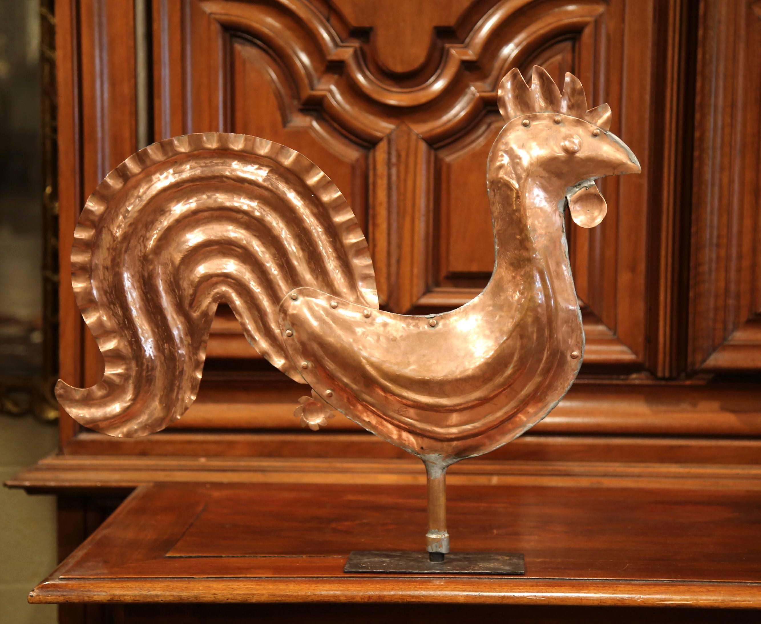 Hand-Crafted 18th Century, French Polished Copper Rooster Weather Vane on Iron Stand
