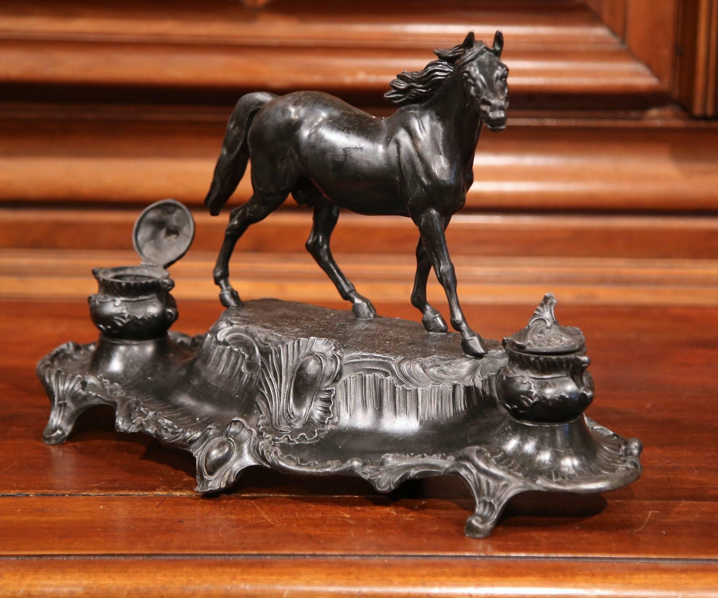 Large 19th Century French Patinated Spelter Inkwell with Horse 2