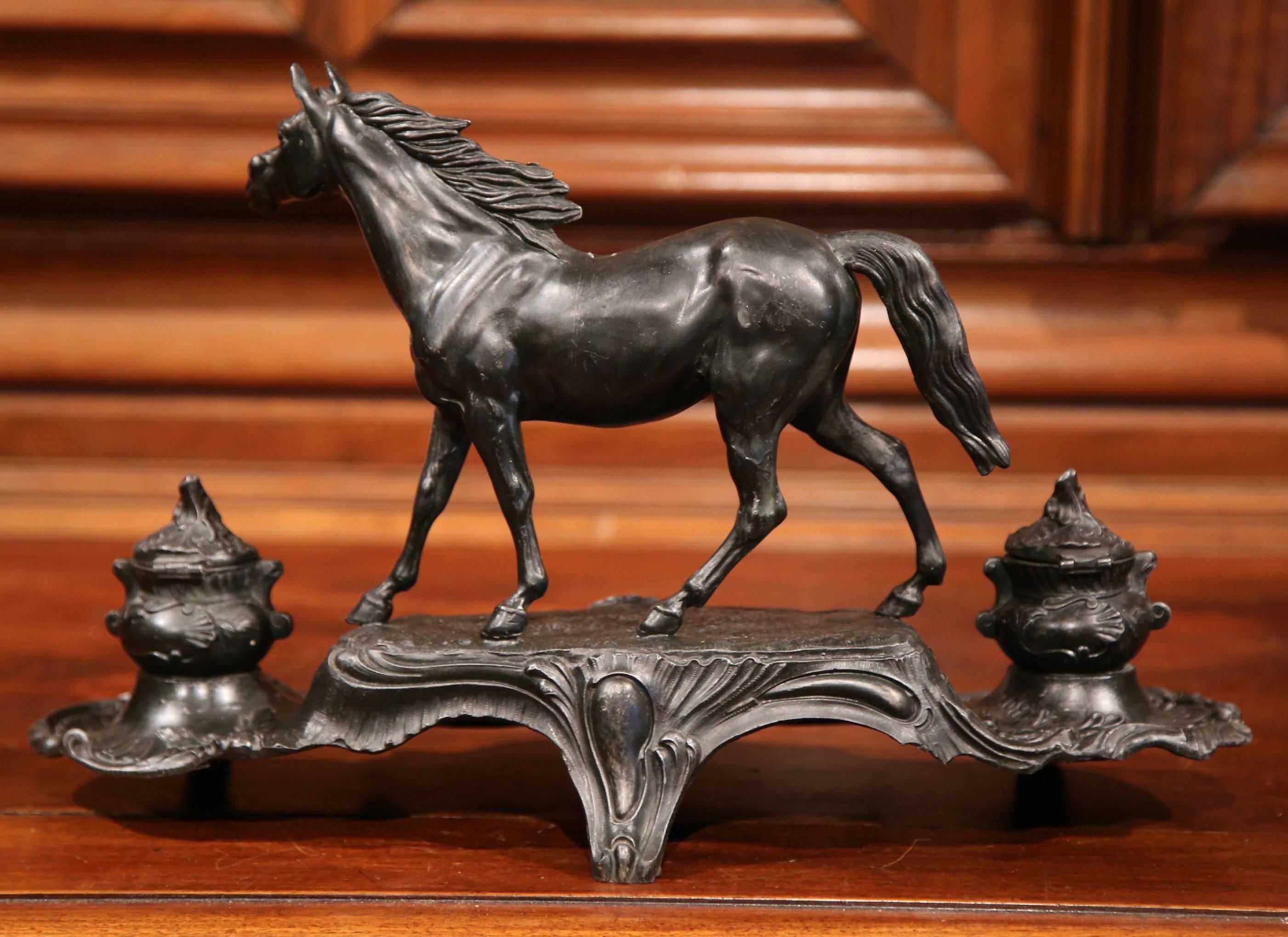 Large 19th Century French Patinated Spelter Inkwell with Horse 1