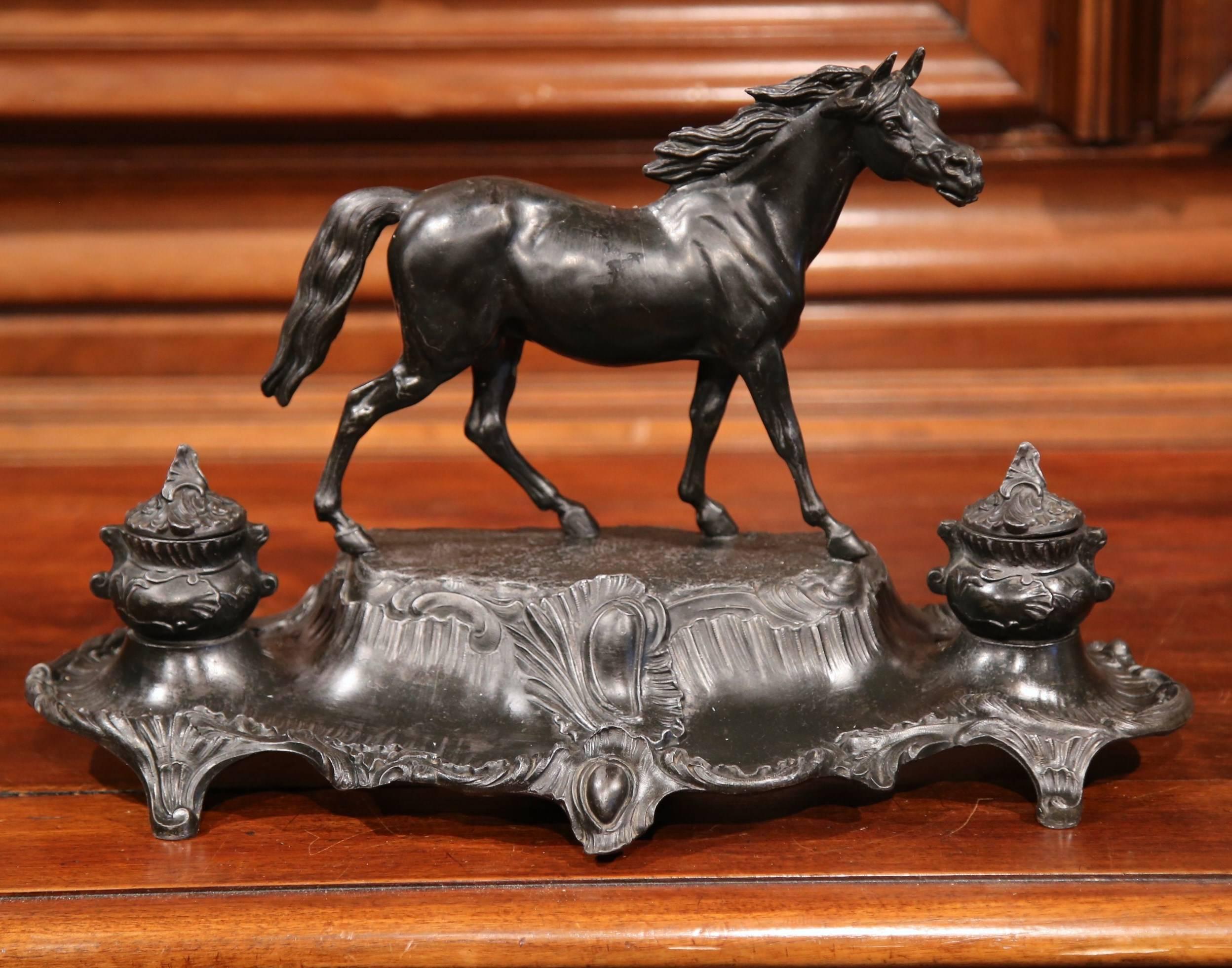Hand-Crafted Large 19th Century French Patinated Spelter Inkwell with Horse
