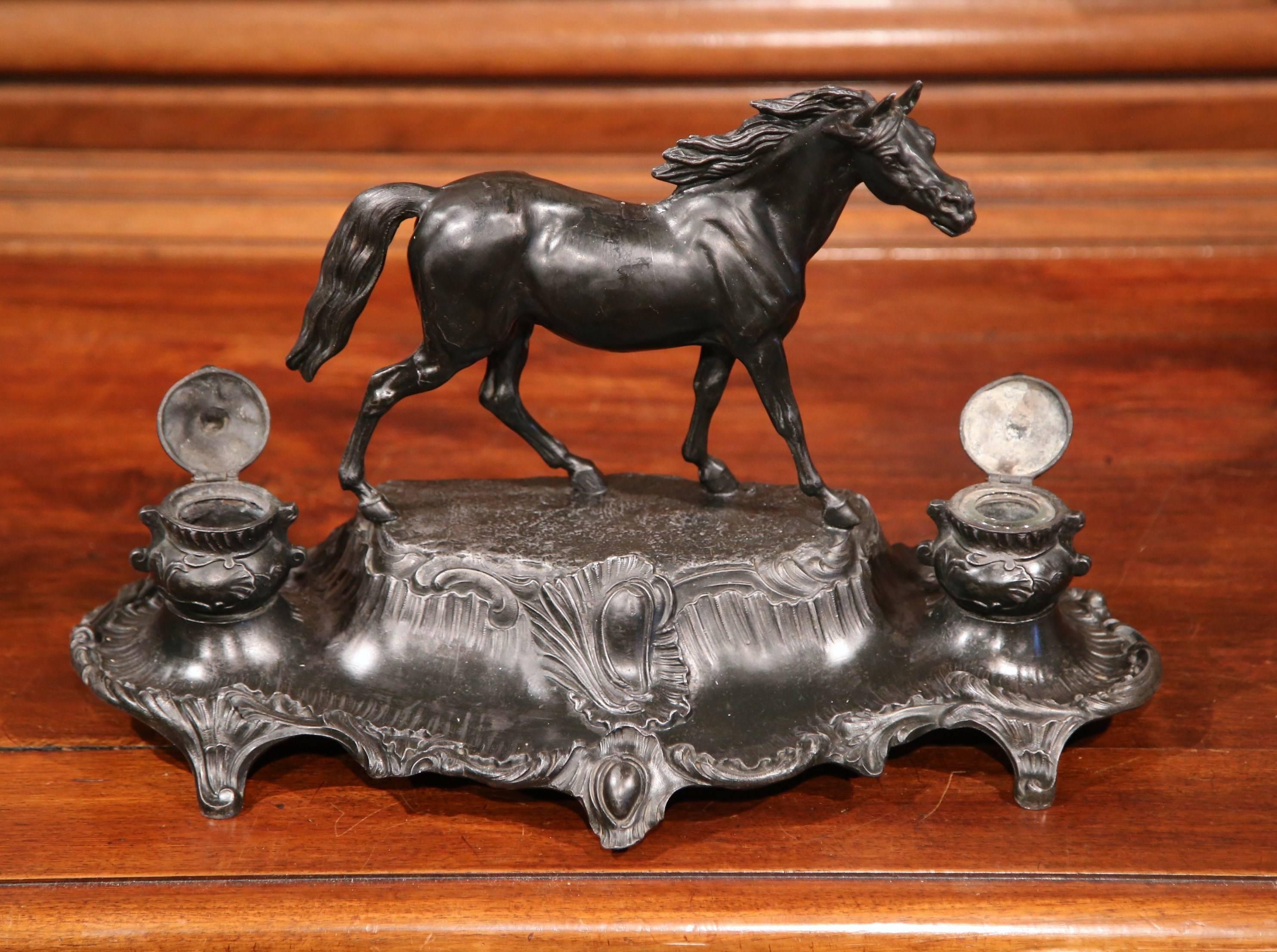 Large 19th Century French Patinated Spelter Inkwell with Horse In Excellent Condition In Dallas, TX