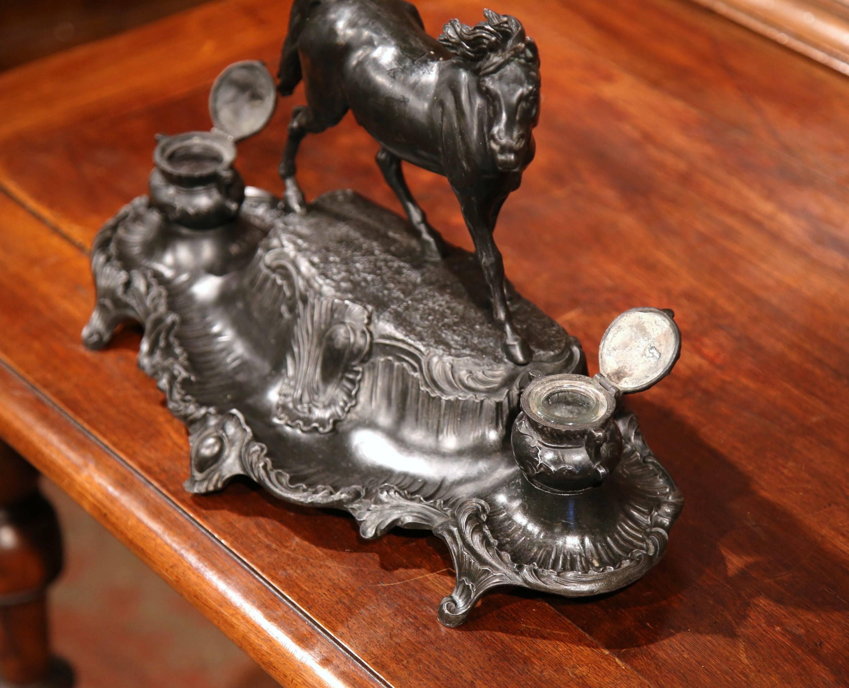 Glass Large 19th Century French Patinated Spelter Inkwell with Horse