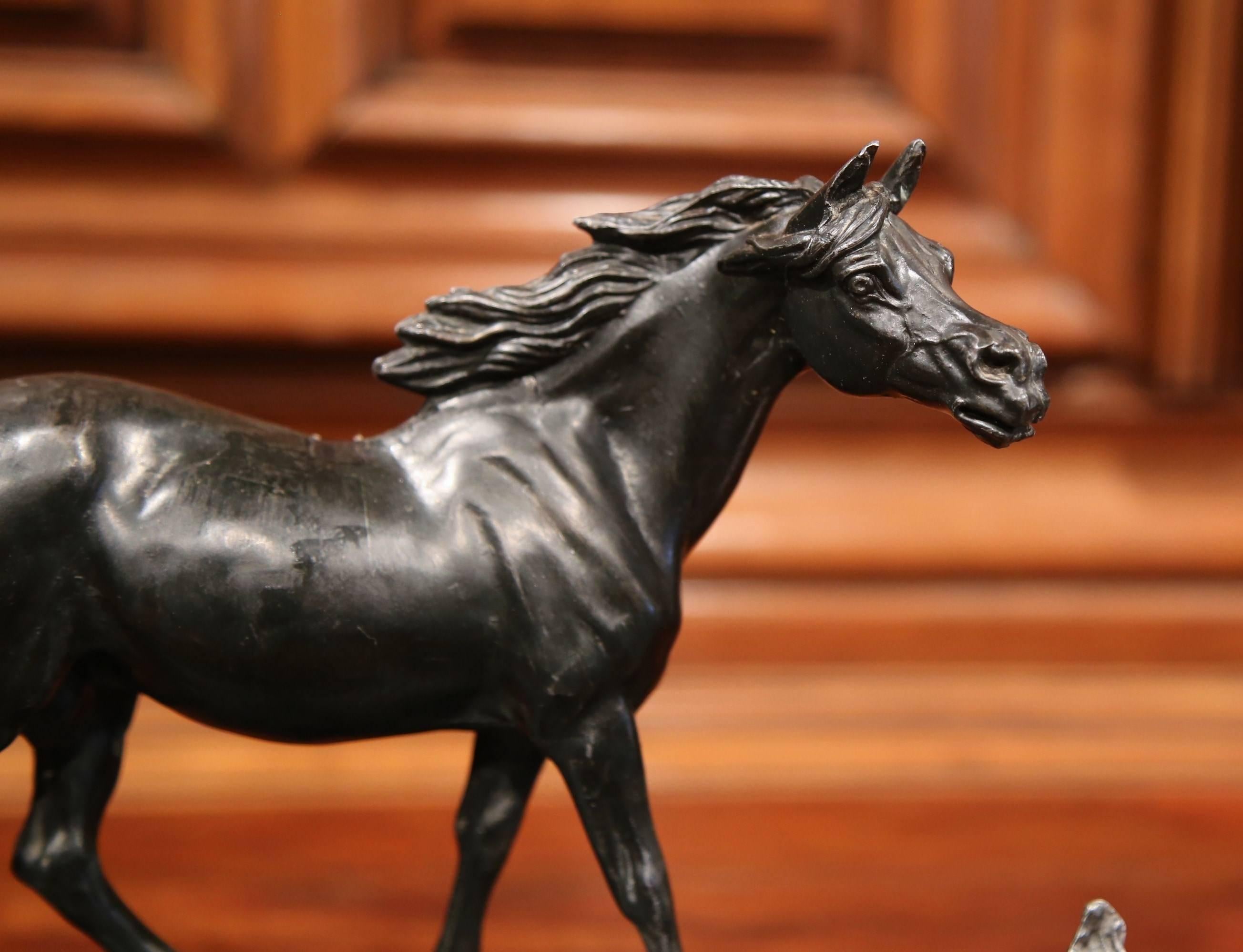 Large 19th Century French Patinated Spelter Inkwell with Horse 3