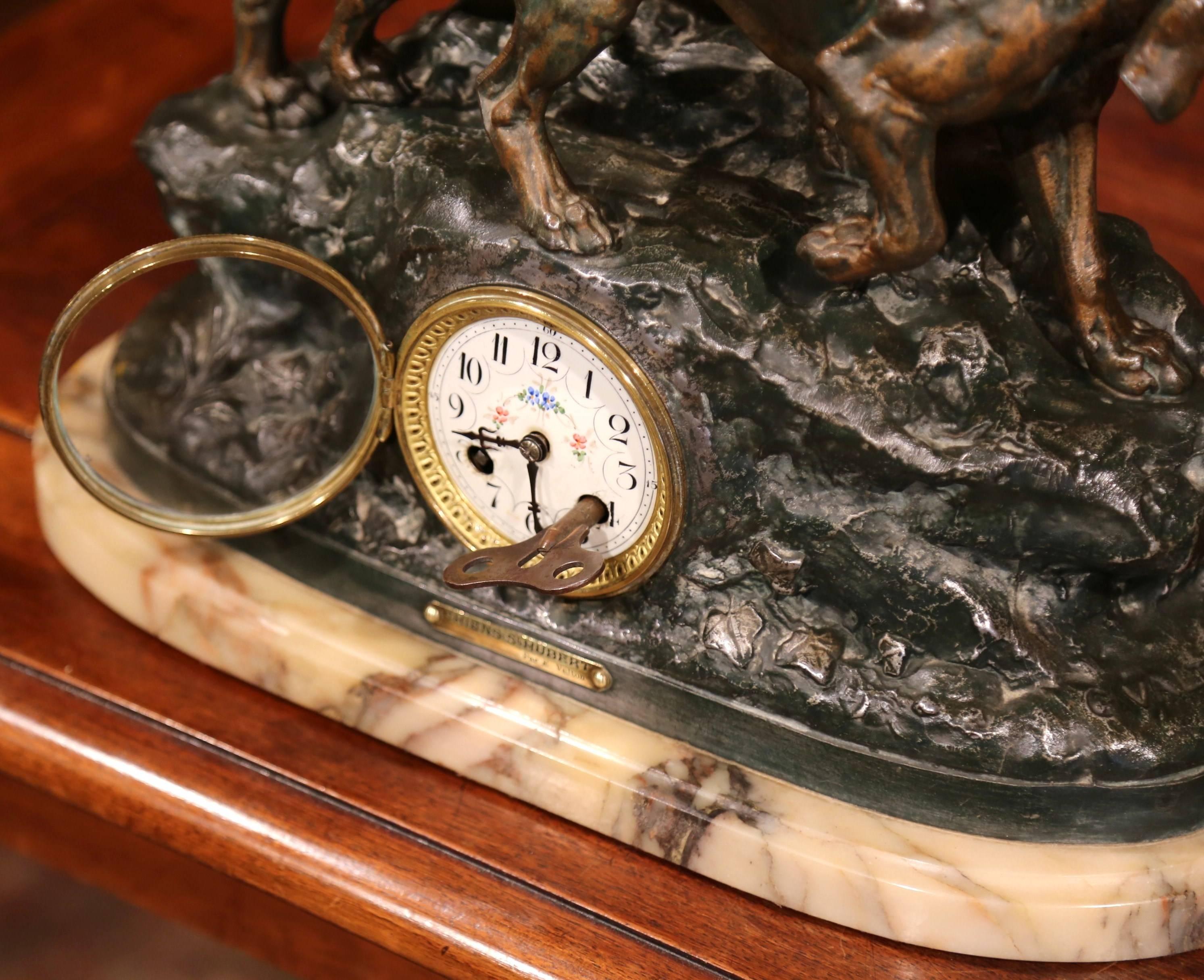 Hand-Crafted 19th Century French Three-Piece Mantel Set Clock with Dogs Signed C. Valton