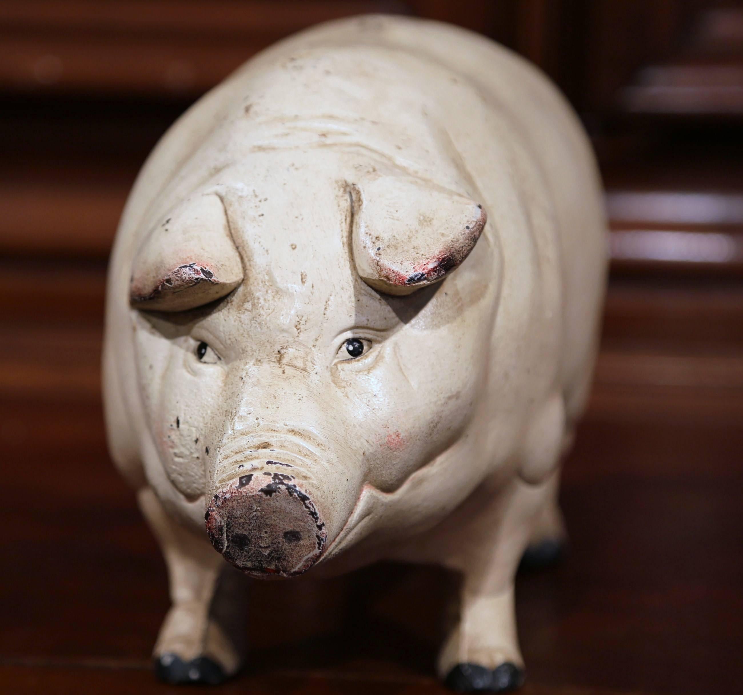 19th Century French Hand-Painted Iron Piggy Bank Sculpture with Key 1