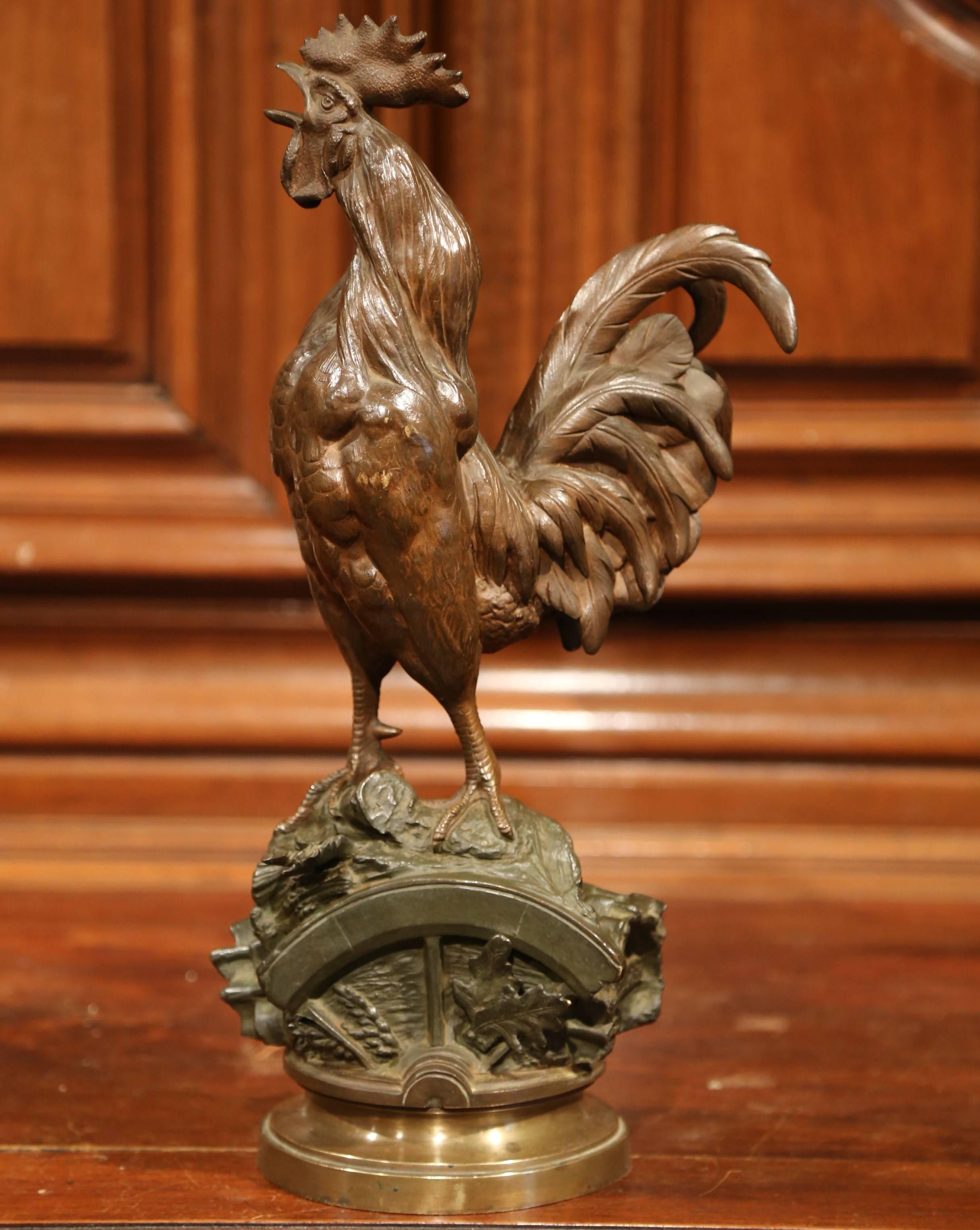 XIXe siècle Sculpture française de coq en bronze patiné du 19ème siècle signée P. Lecourtier