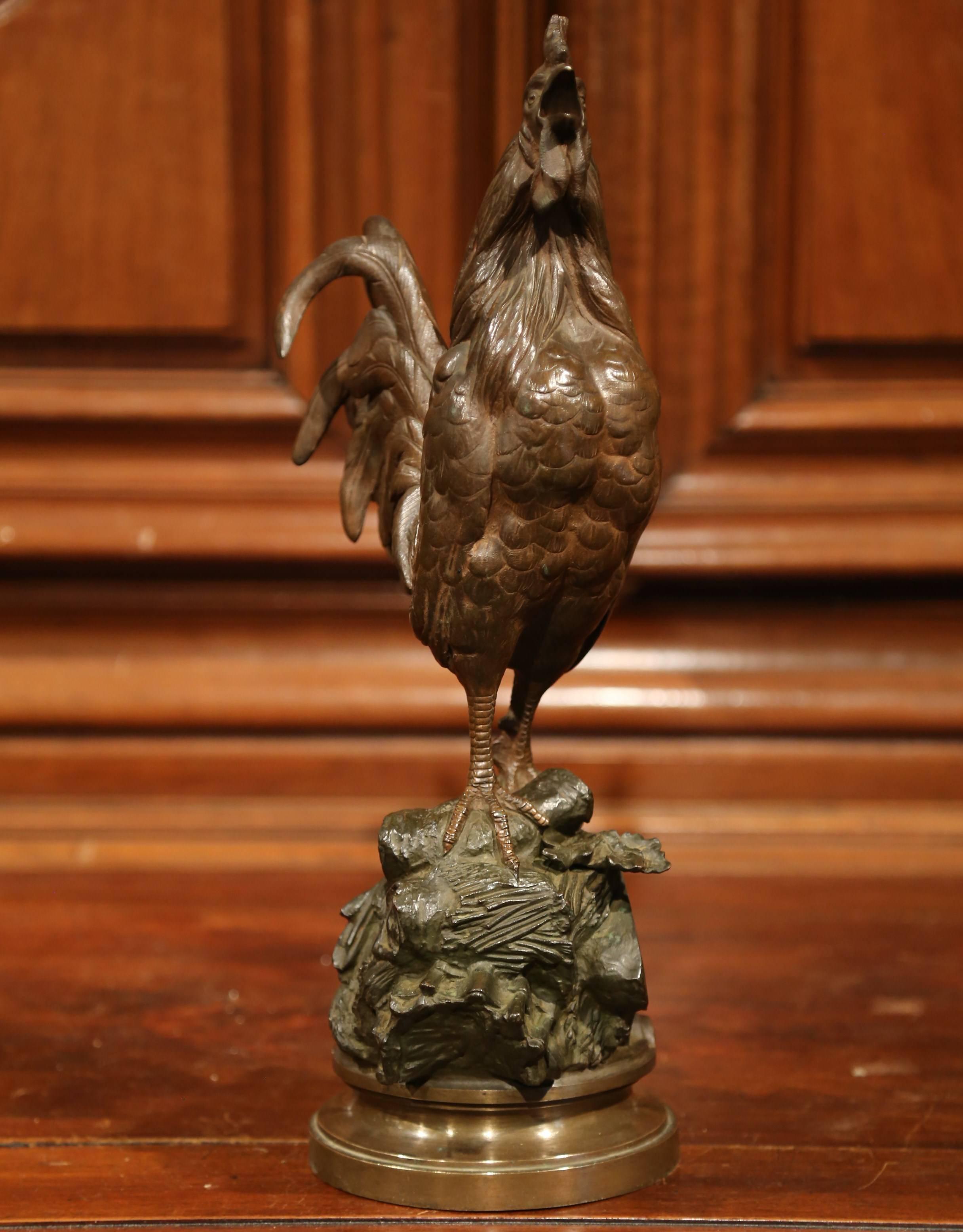 Sculpture française de coq en bronze patiné du 19ème siècle signée P. Lecourtier 1