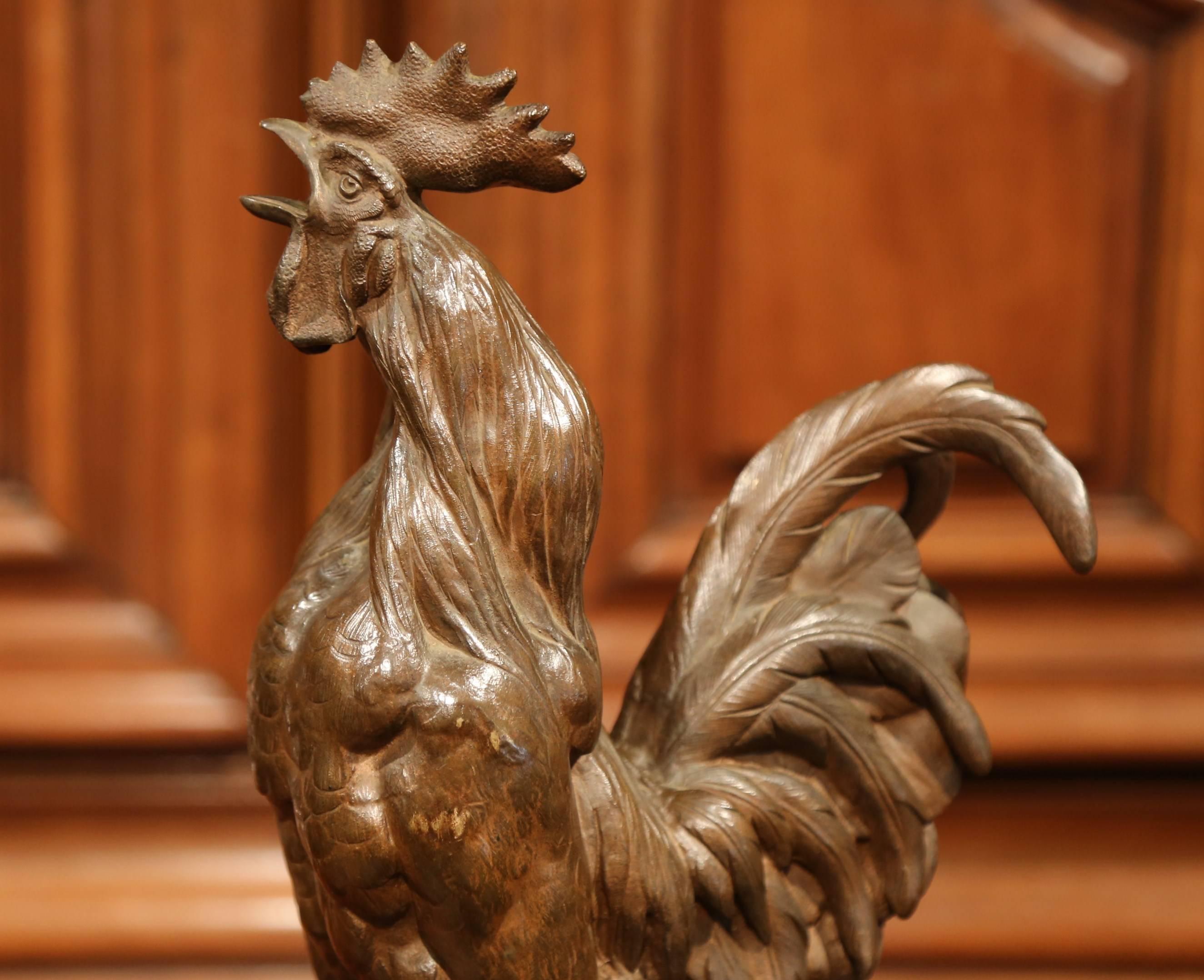 19th Century, French Patinated Bronze Rooster Sculpture Signed P. Lecourtier In Excellent Condition In Dallas, TX