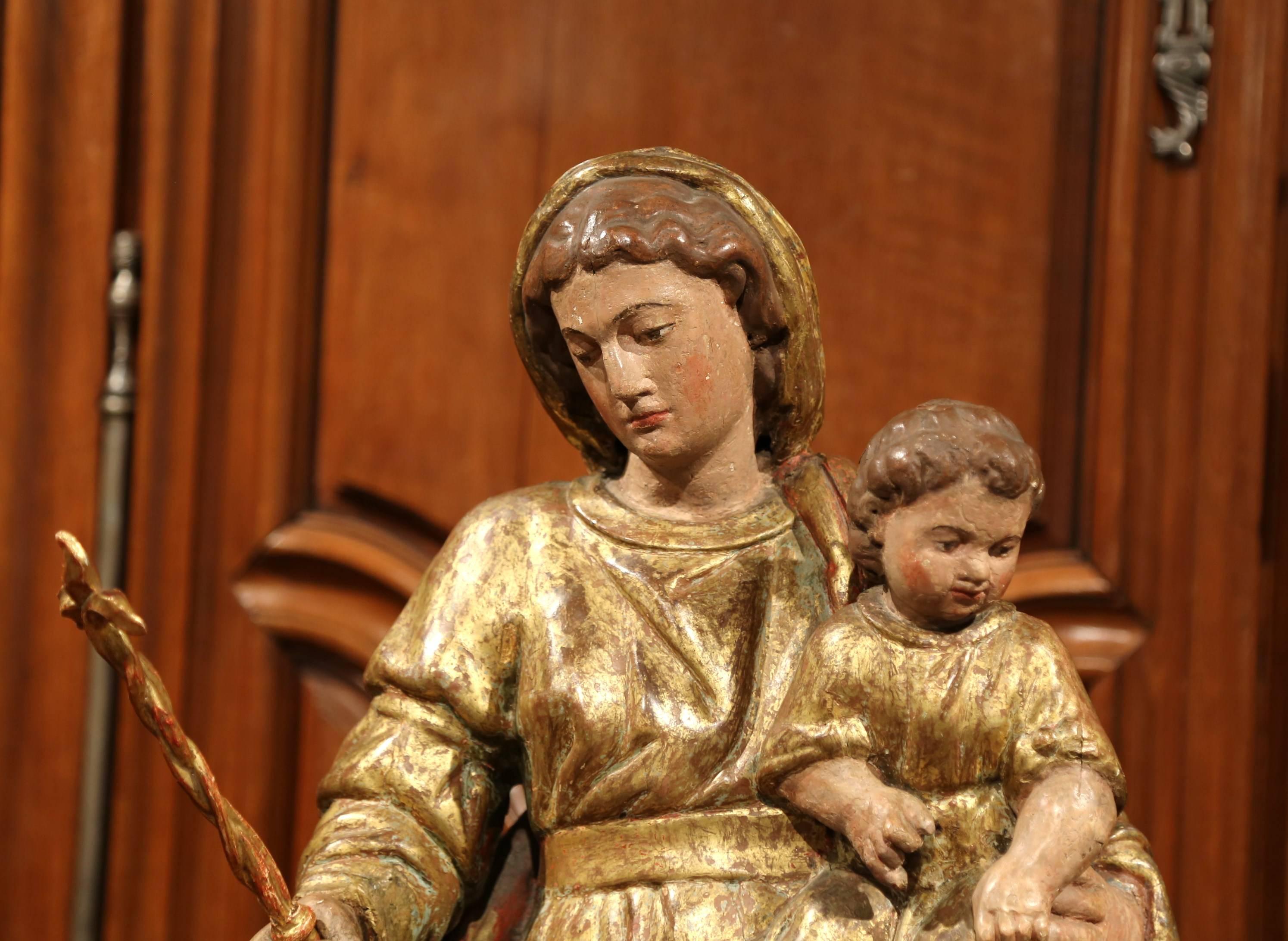 Hand-Carved 18th Century, French Carved Giltwood Polychrome Statue of Mother and Child