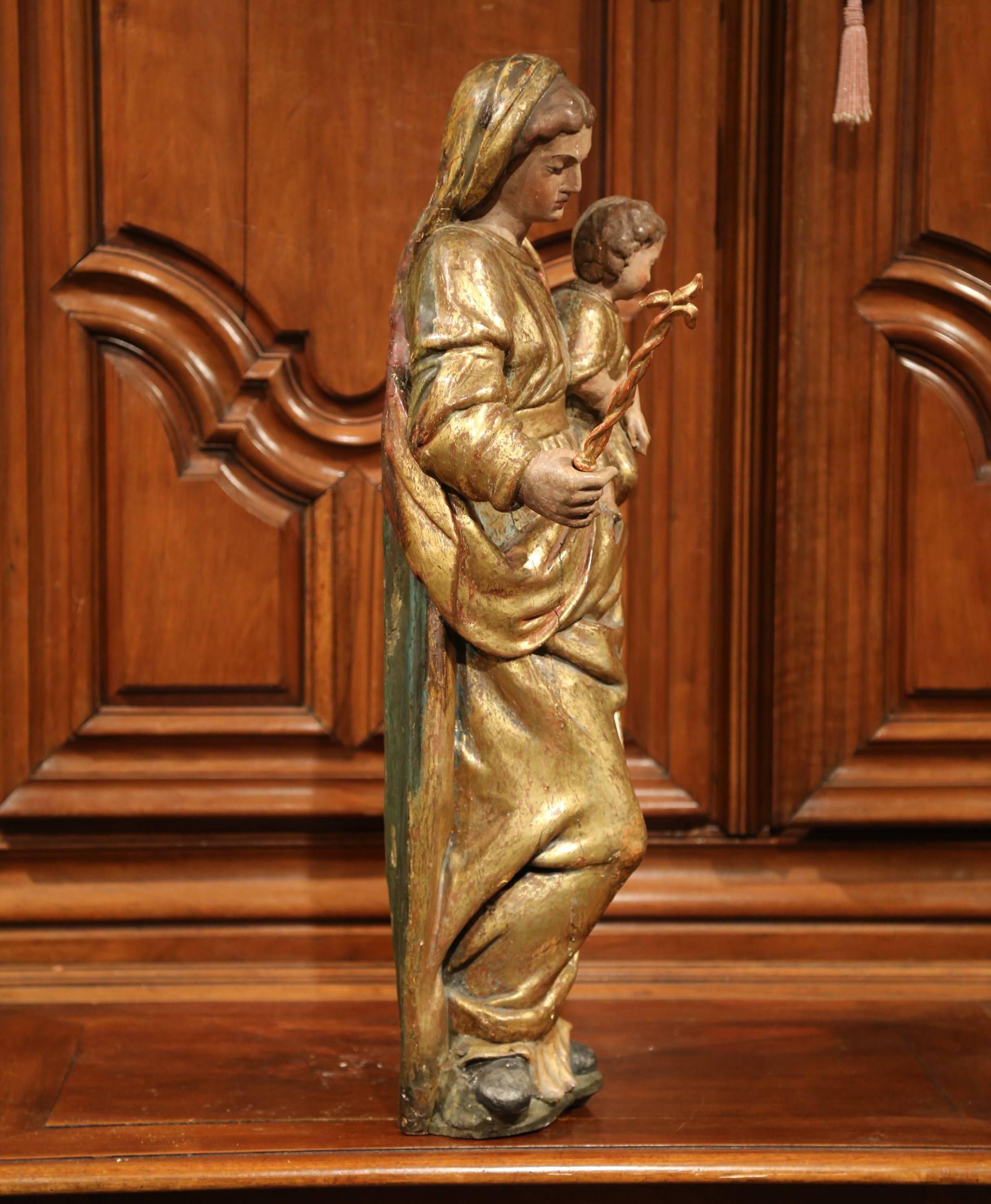 18th Century, French Carved Giltwood Polychrome Statue of Mother and Child 2