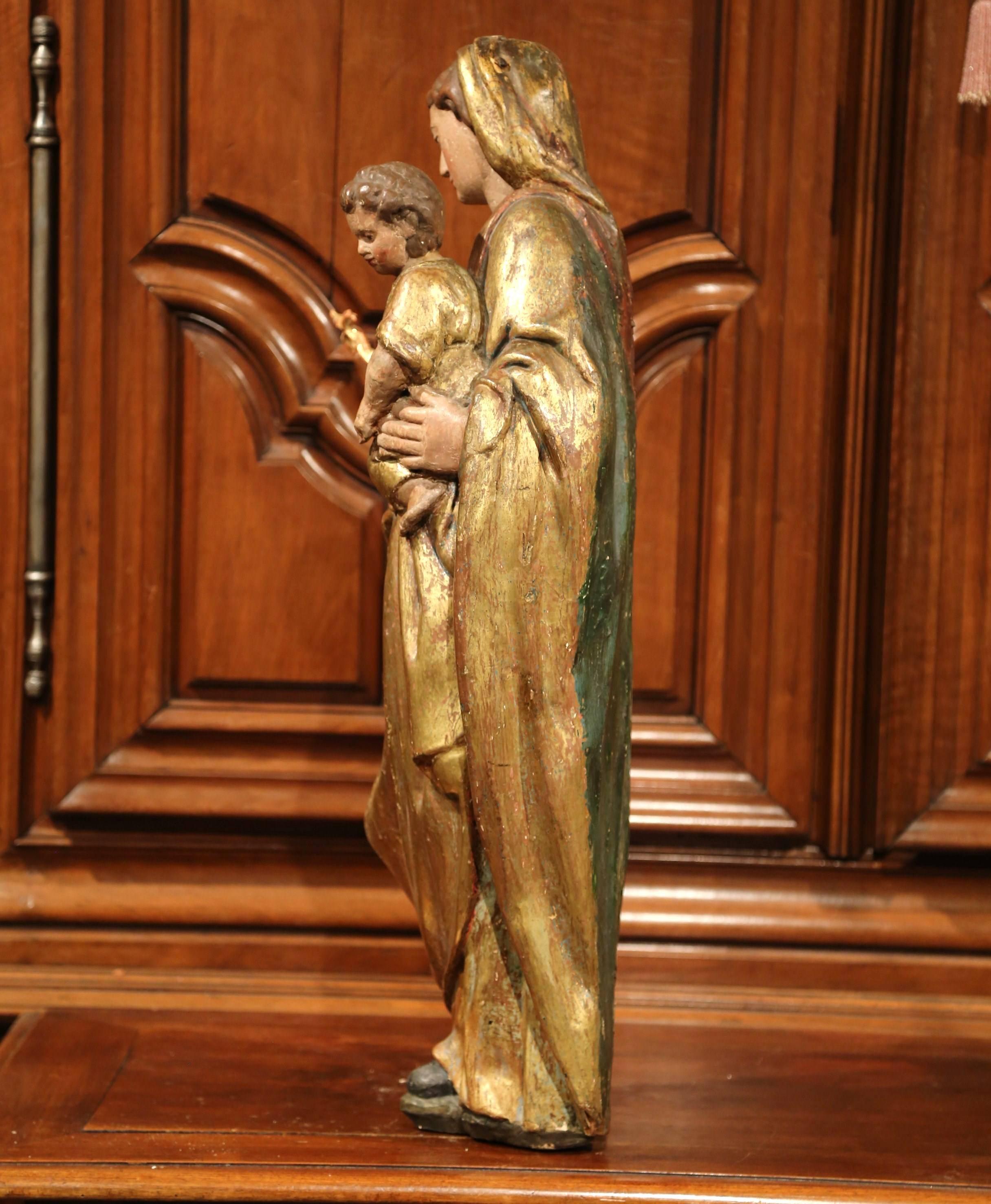 18th Century, French Carved Giltwood Polychrome Statue of Mother and Child 4