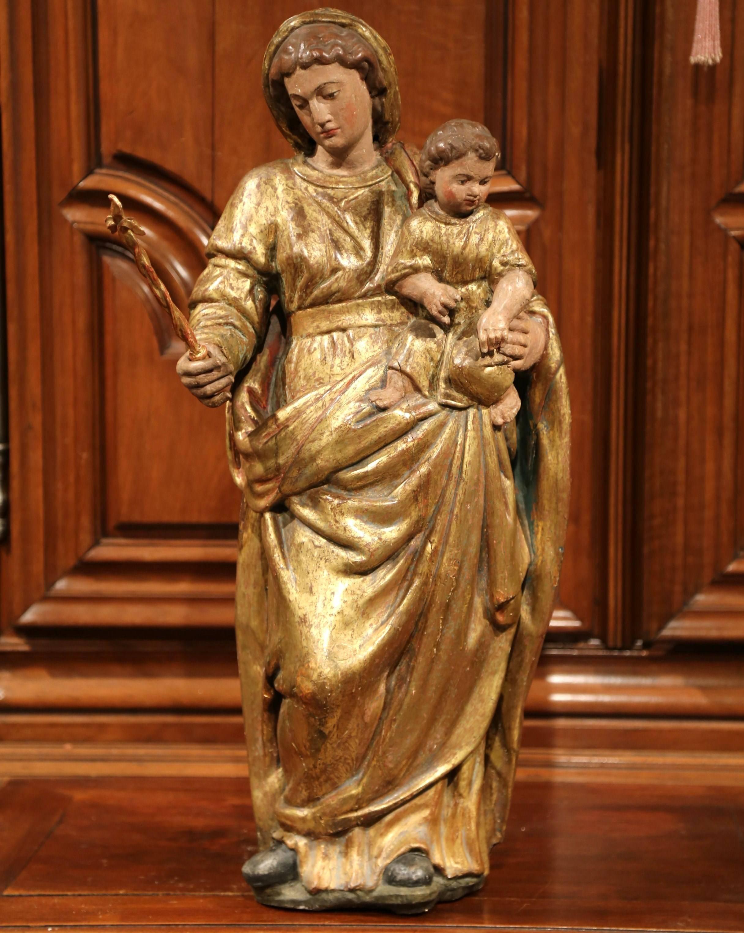 18th Century, French Carved Giltwood Polychrome Statue of Mother and Child 1