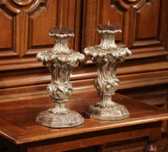 Pair of Italian Hand-Carved Silver Leaf Pricket Candlesticks with Metal Bobeches