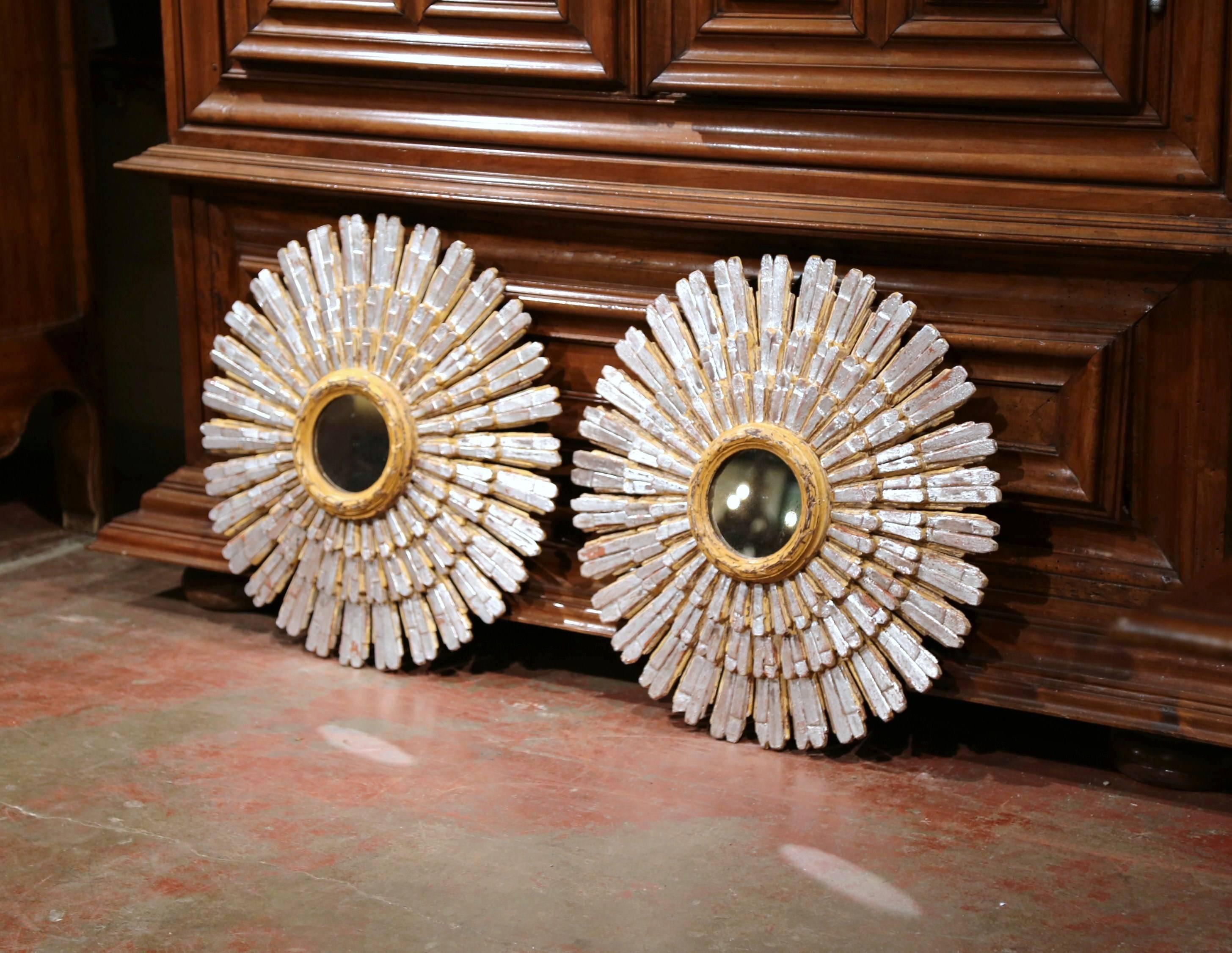 Pair of Mid-20th Century French Carved Painted and Silvered Sunburst Mirrors 3