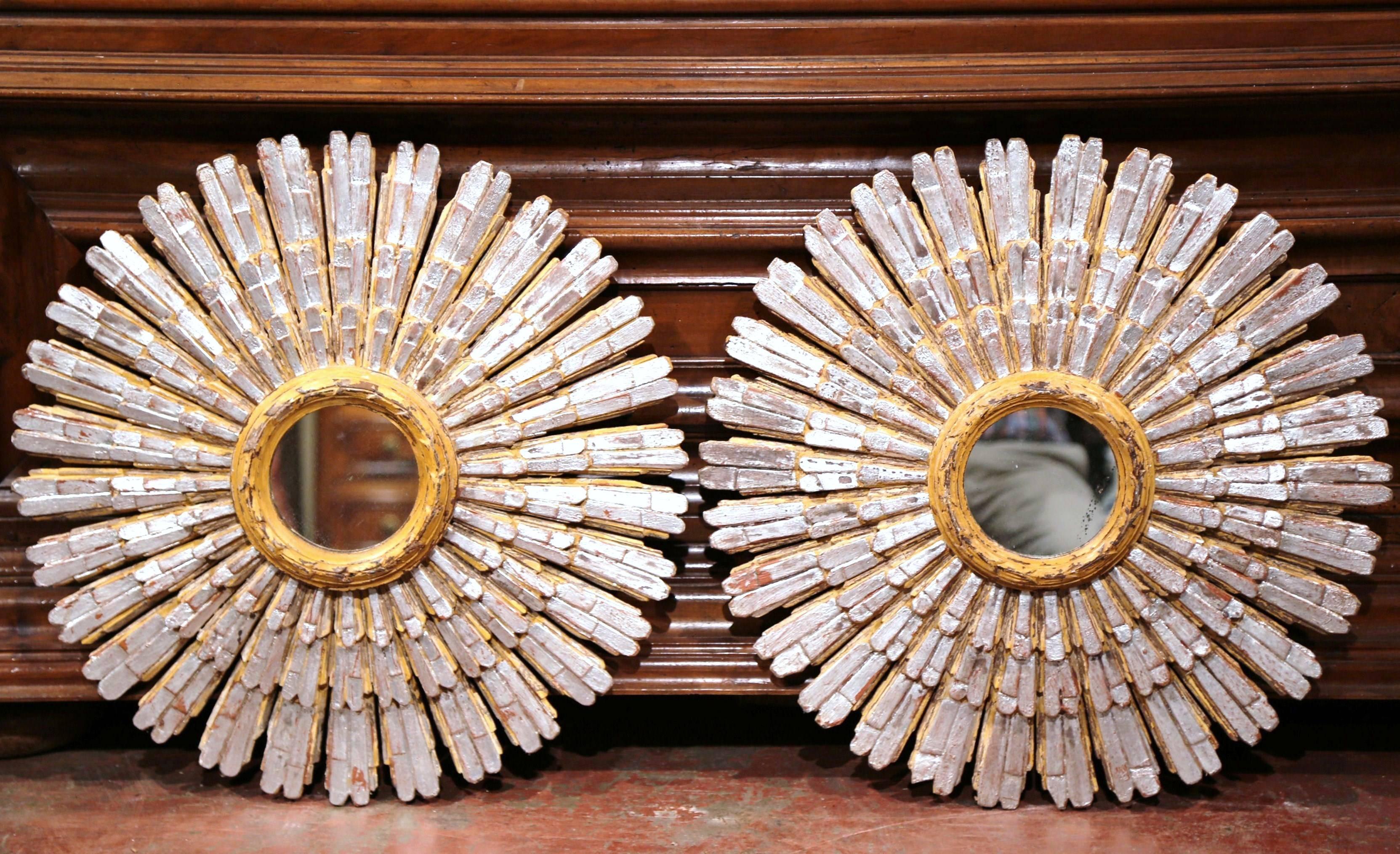 Mercury Glass Pair of Mid-20th Century French Carved Painted and Silvered Sunburst Mirrors