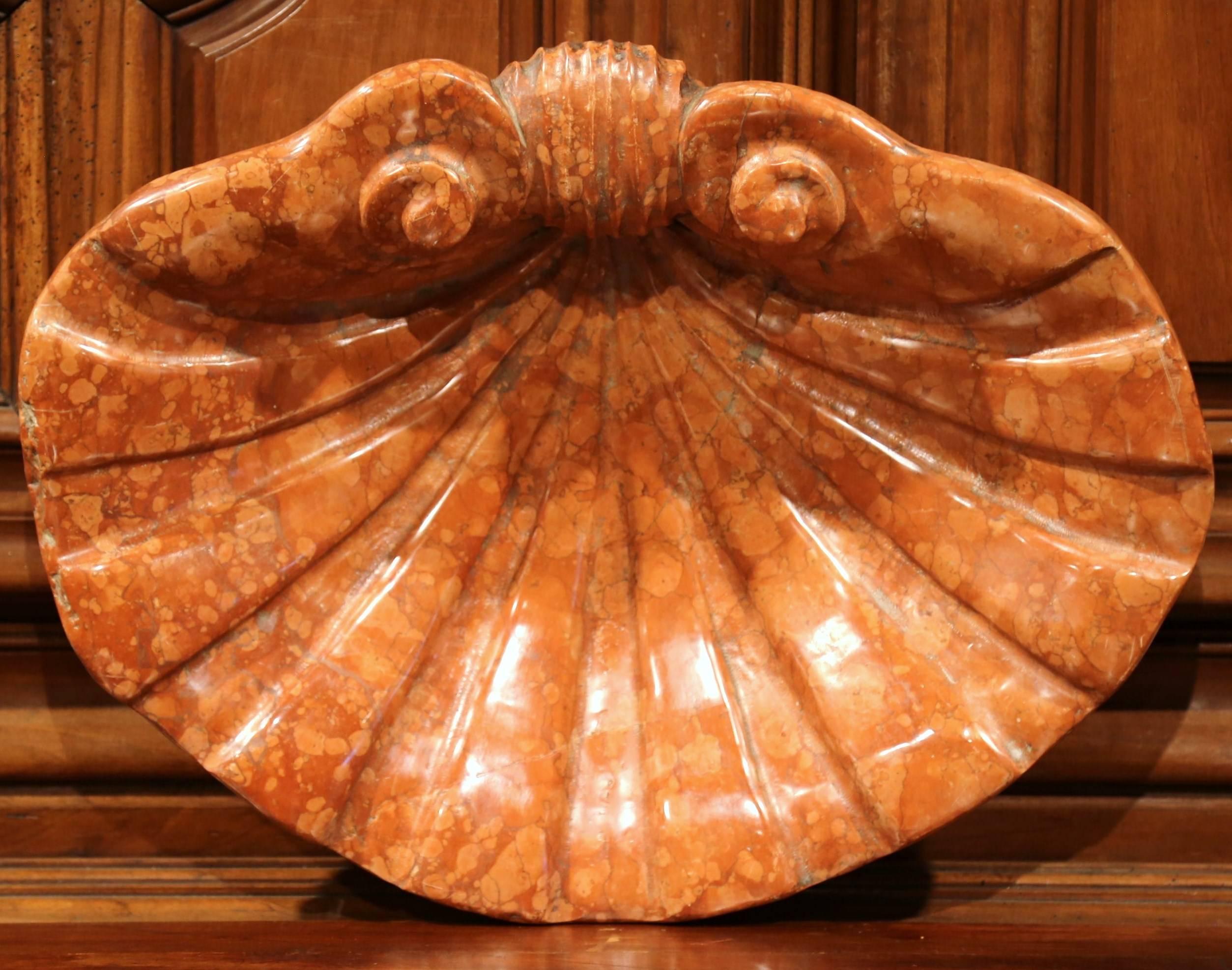 18th Century French Louis XV Carved Red Marble Church Shell Stoup In Excellent Condition In Dallas, TX