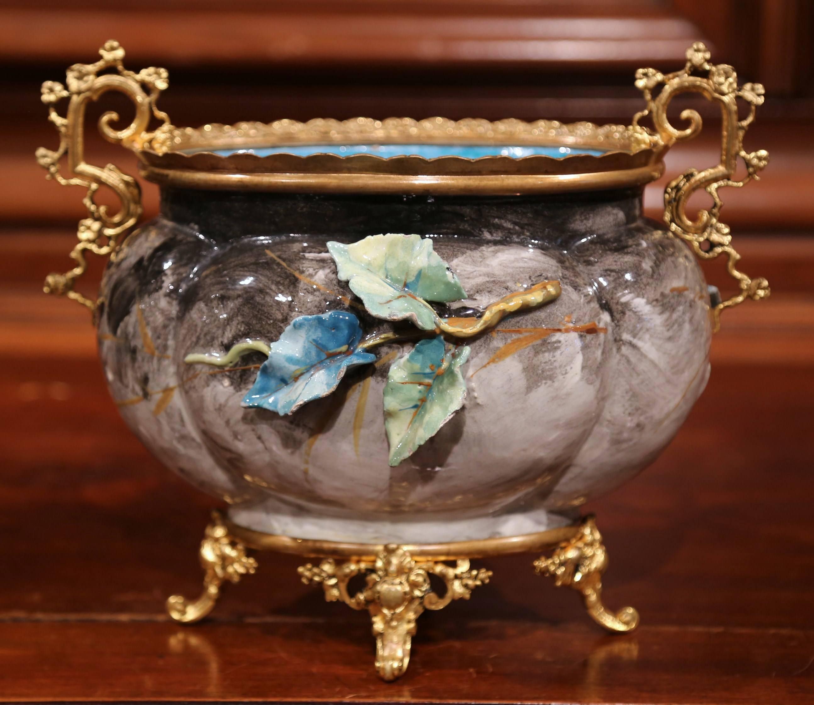 19th Century French Hand-Painted Barbotine Flower Jardinière with Bronze Mounts In Excellent Condition In Dallas, TX