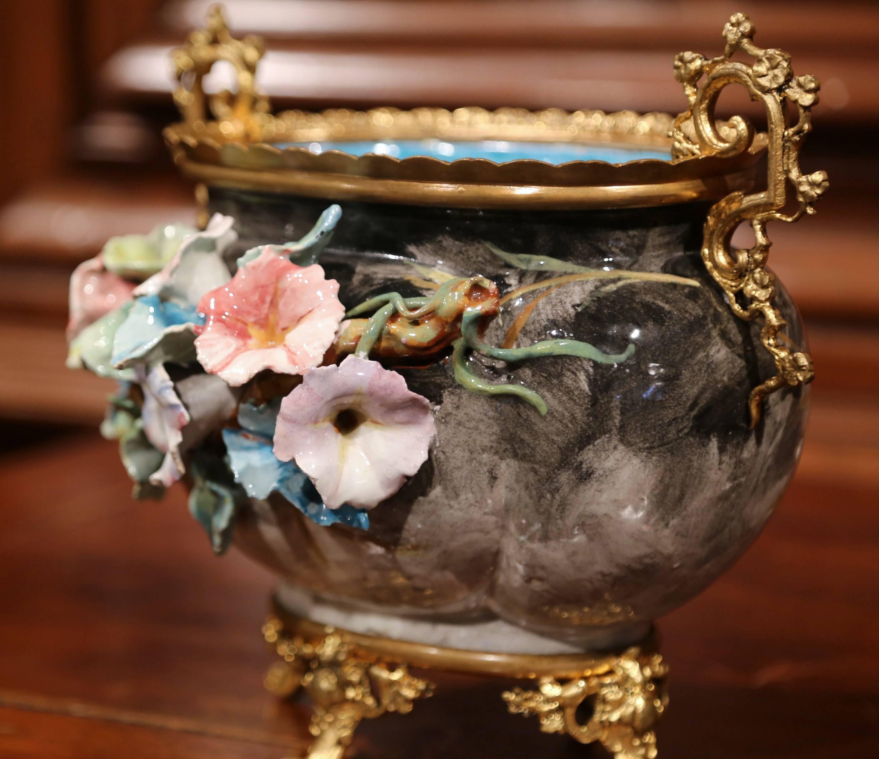 19th Century French Hand-Painted Barbotine Flower Jardinière with Bronze Mounts 2