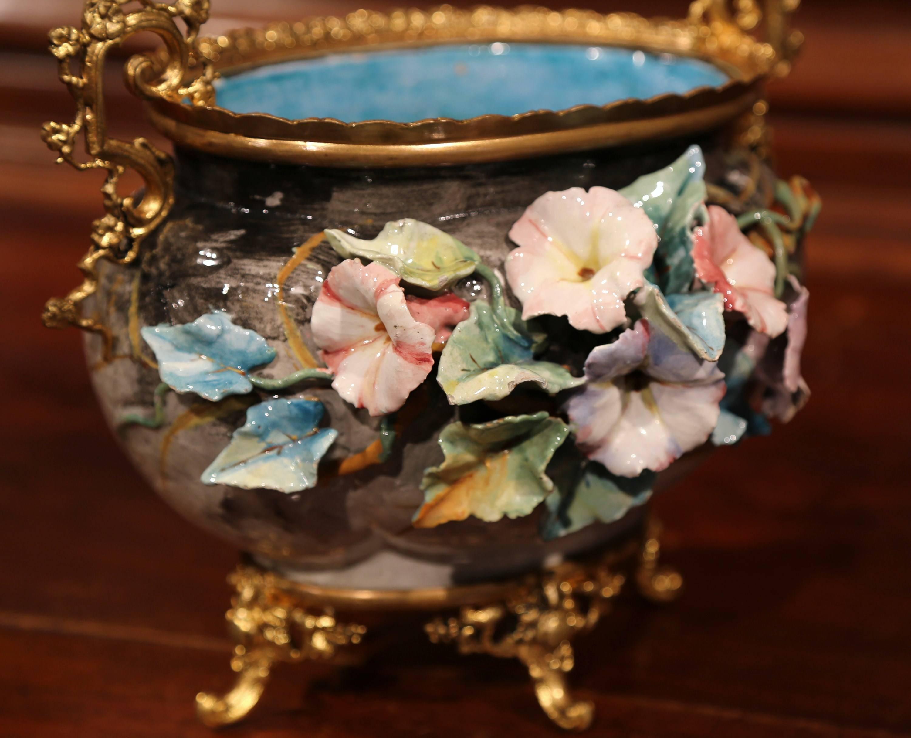 19th Century French Hand-Painted Barbotine Flower Jardinière with Bronze Mounts 4