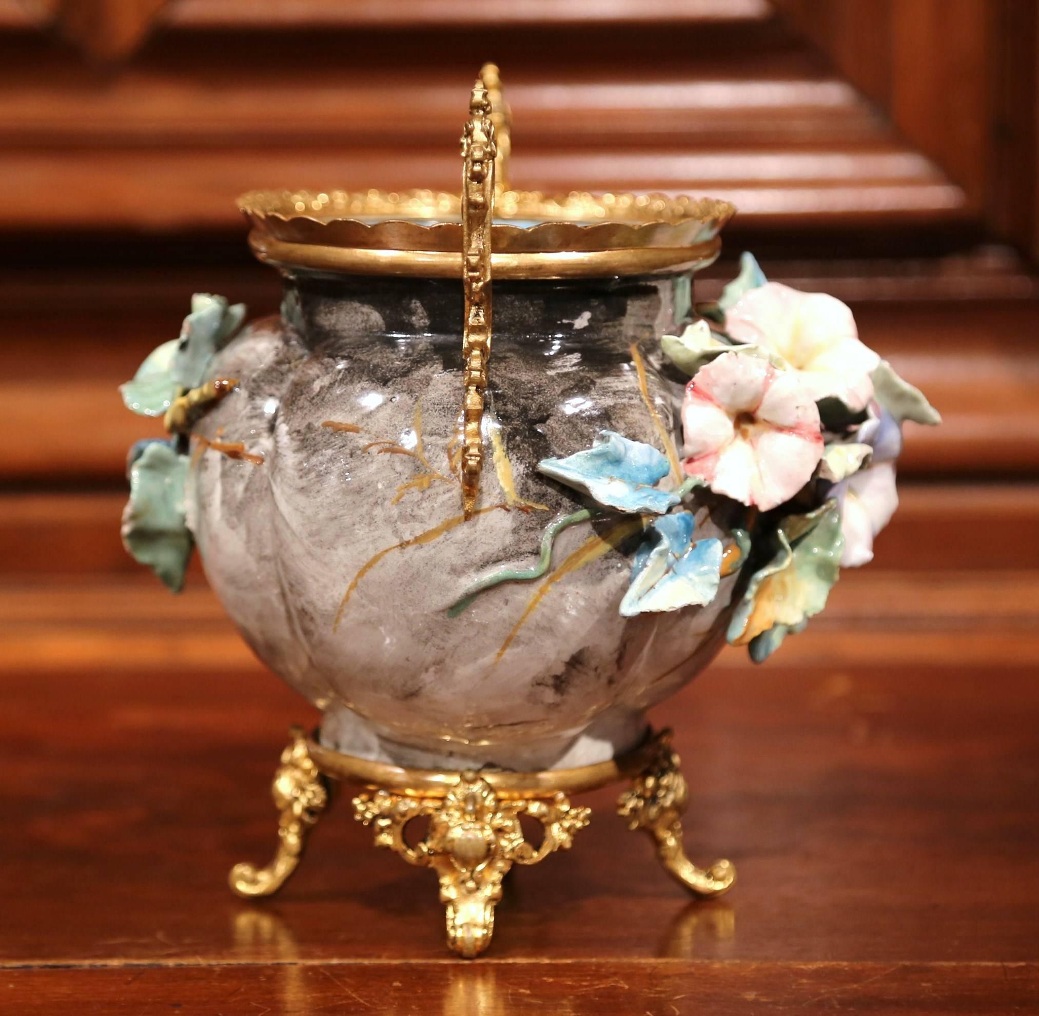 19th Century French Hand-Painted Barbotine Flower Jardinière with Bronze Mounts 3