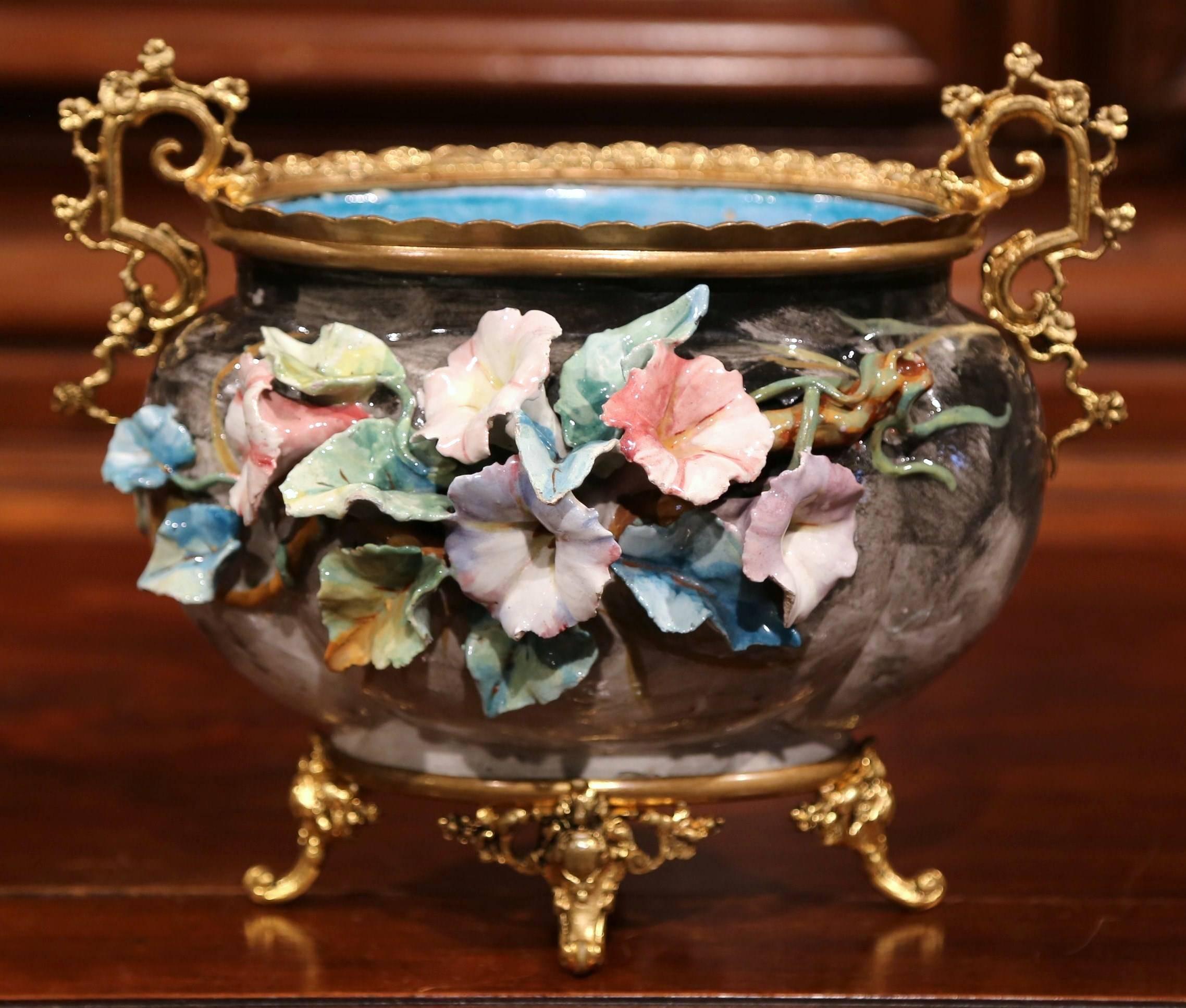 19th Century French Hand-Painted Barbotine Flower Jardinière with Bronze Mounts 1