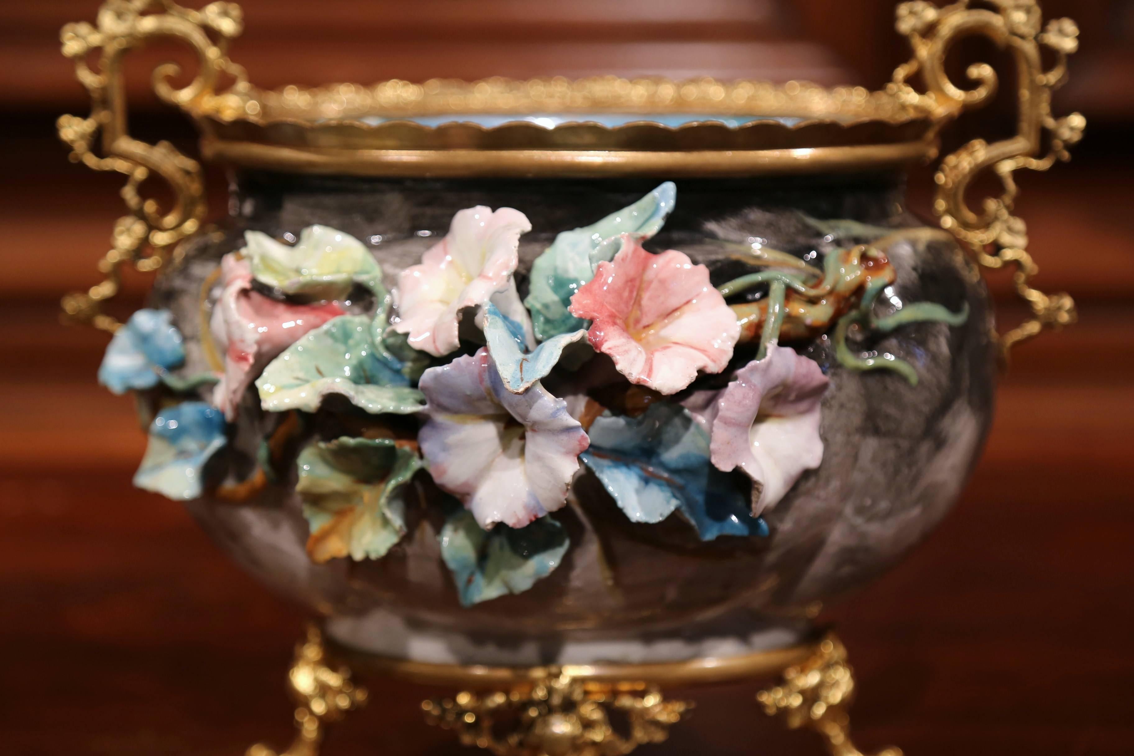Hand-Crafted 19th Century French Hand-Painted Barbotine Flower Jardinière with Bronze Mounts