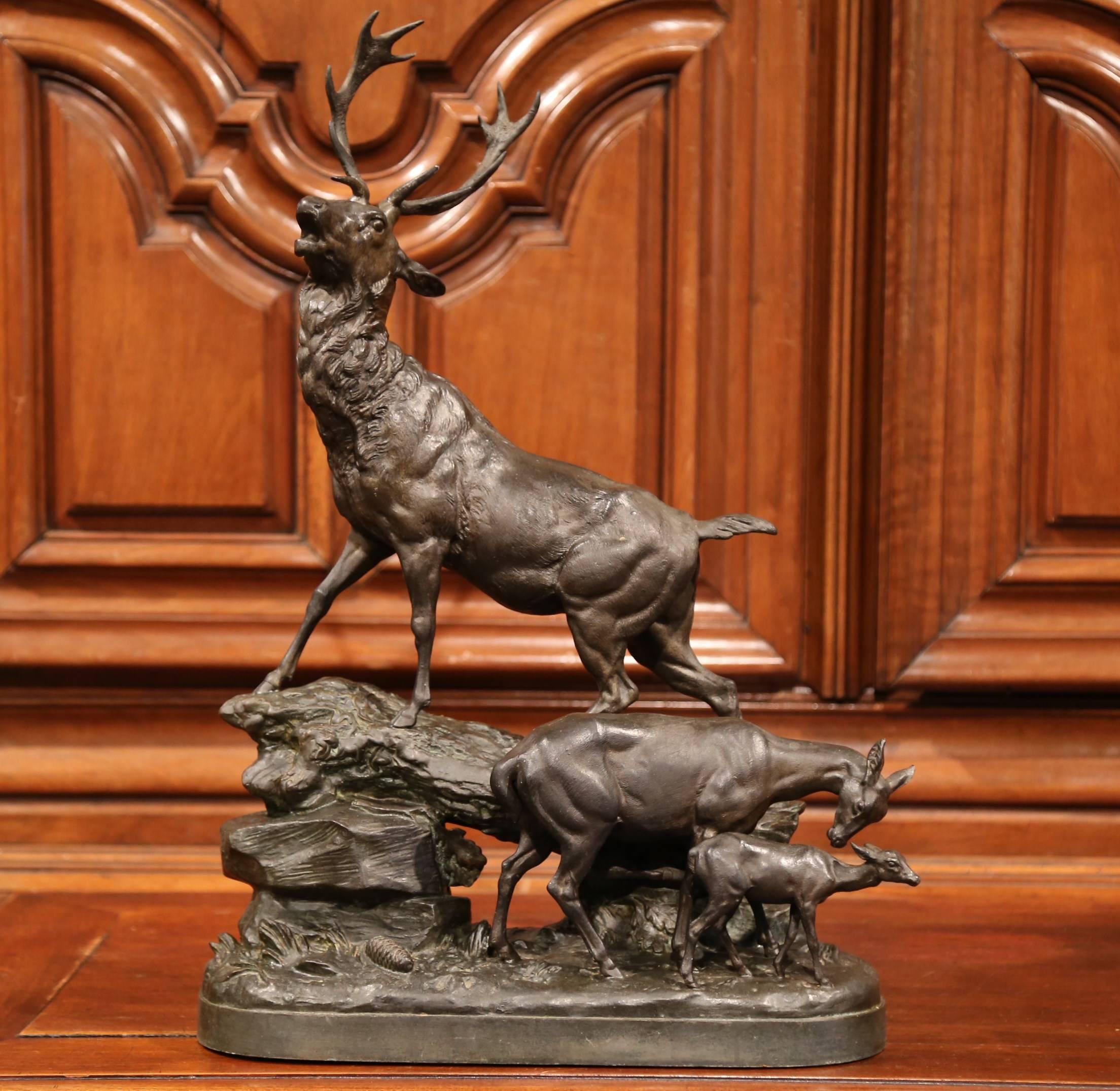 Large 19th Century French Spelter Composition Sculpture with Buck, Doe and Fawn In Excellent Condition In Dallas, TX