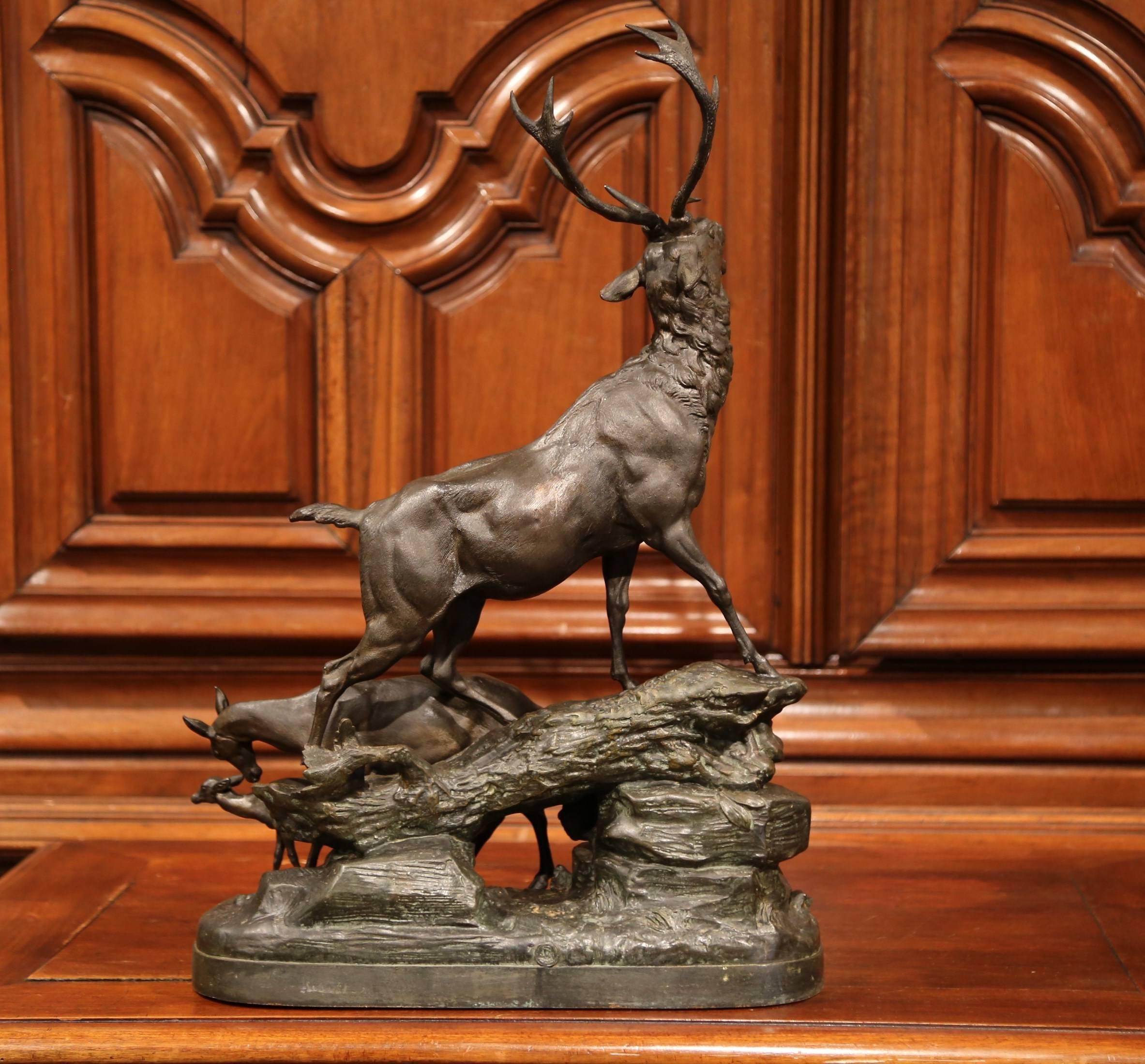 Hand-Crafted Large 19th Century French Spelter Composition Sculpture with Buck, Doe and Fawn