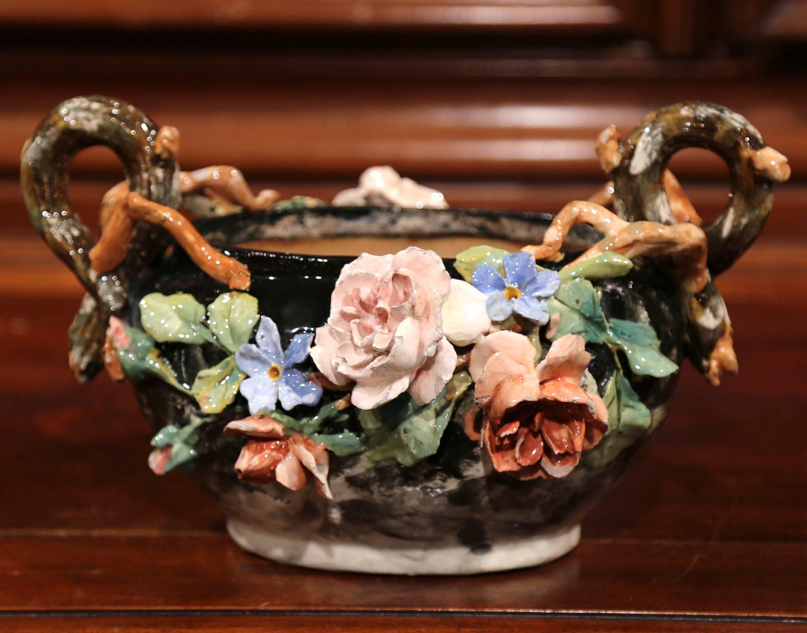 Hand-Painted 19th Century French Painted Ceramic Barbotine Jardinière with Floral Decor For Sale