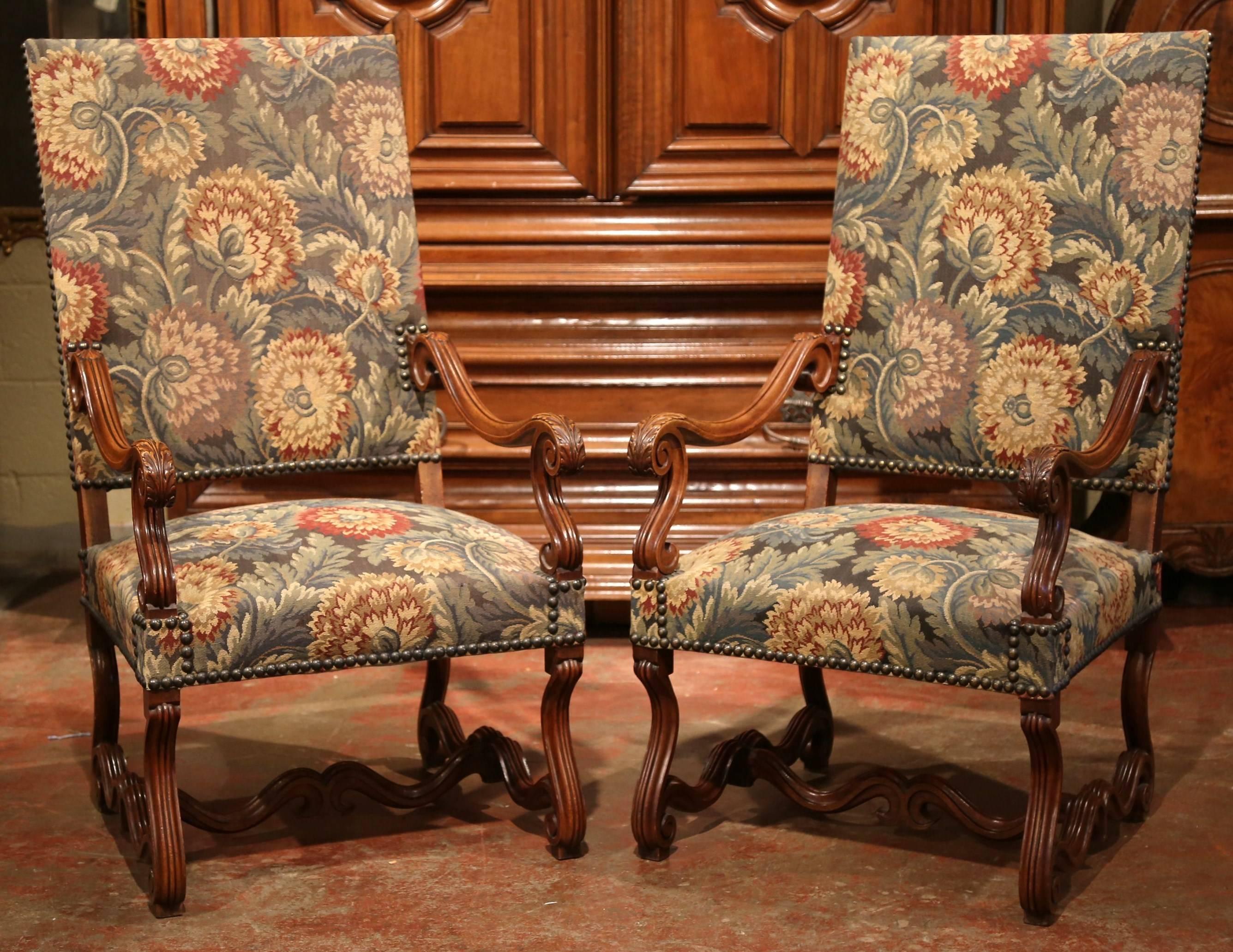 Tall Pair of 19th Century French Louis XIII Carved Walnut Upholstered Armchairs 1