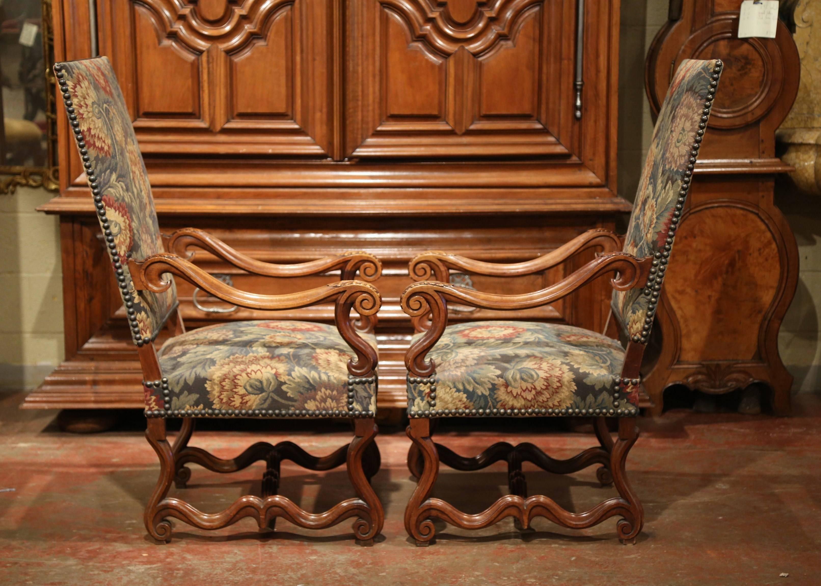 Tall Pair of 19th Century French Louis XIII Carved Walnut Upholstered Armchairs 2